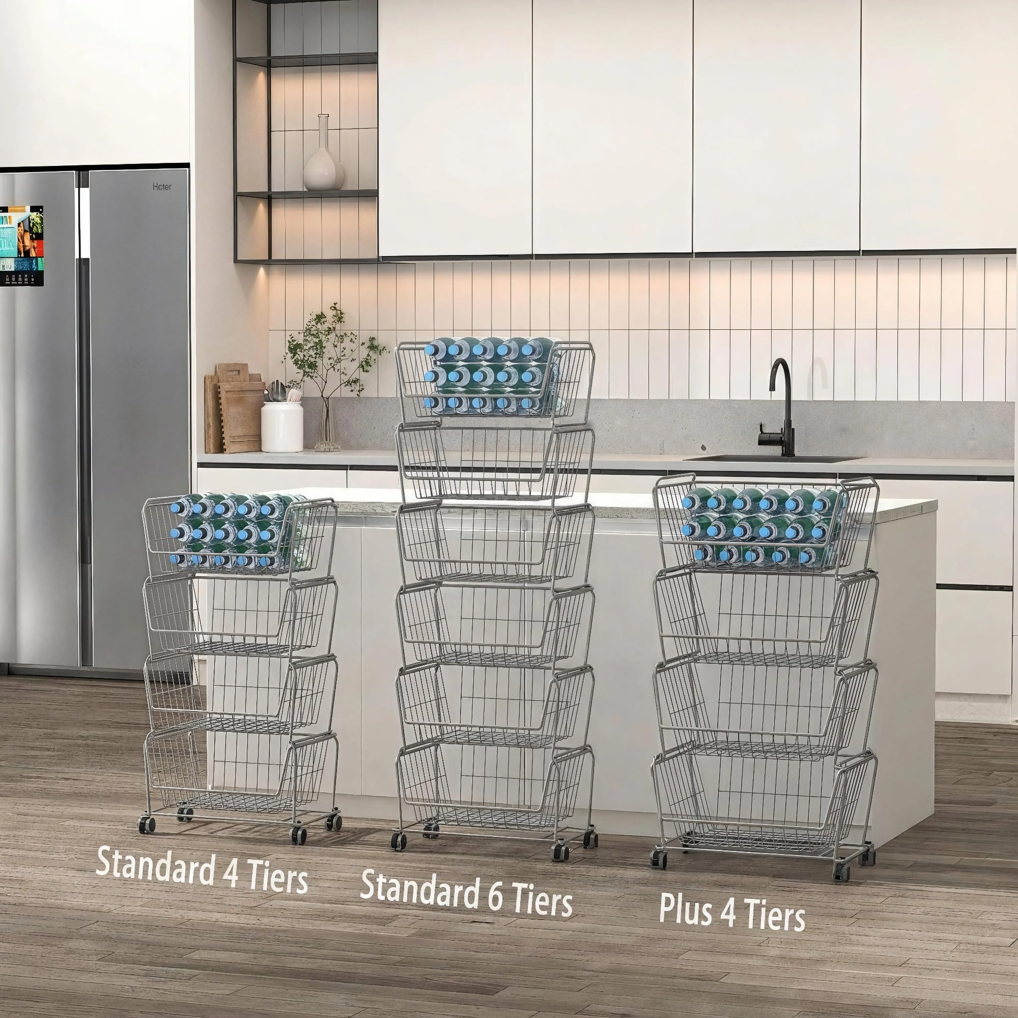4 Tier Spacious Stackable Wire Storage Baskets with Wheels