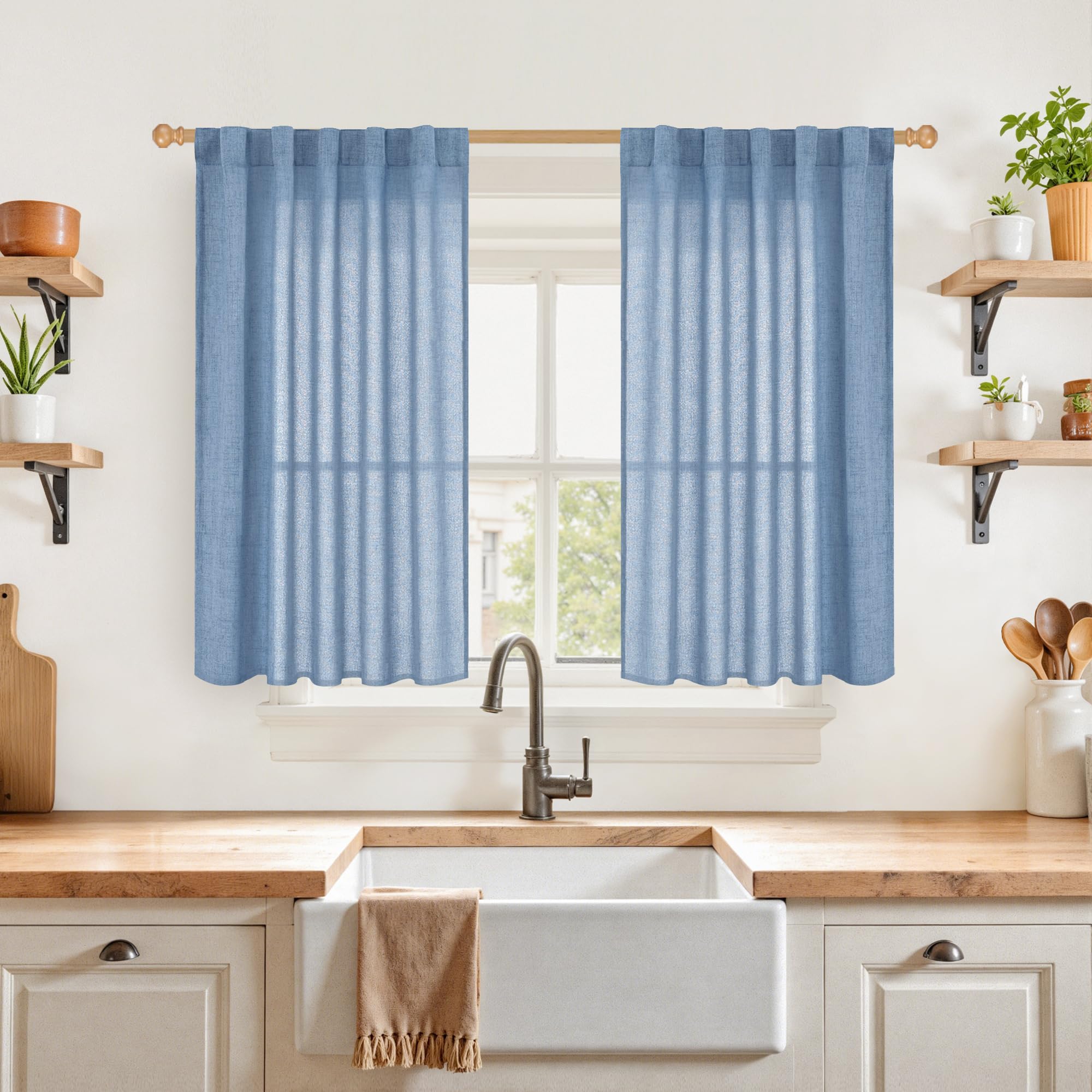Denim Blue Short Linen Curtains 40 Inch Length for Kitchen Window (2 Count)