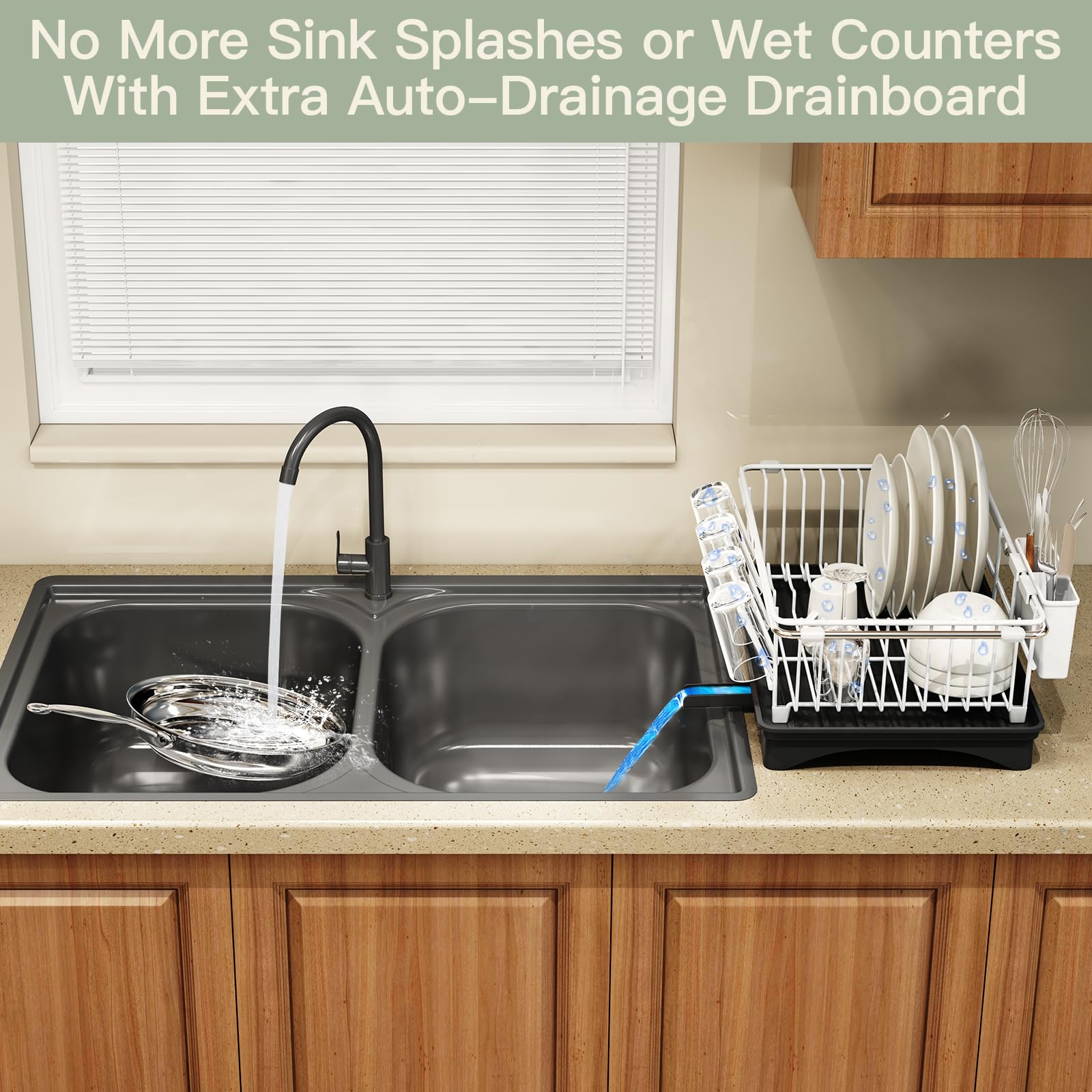 White Dish Drying Rack Over Sink with Utensil Holder