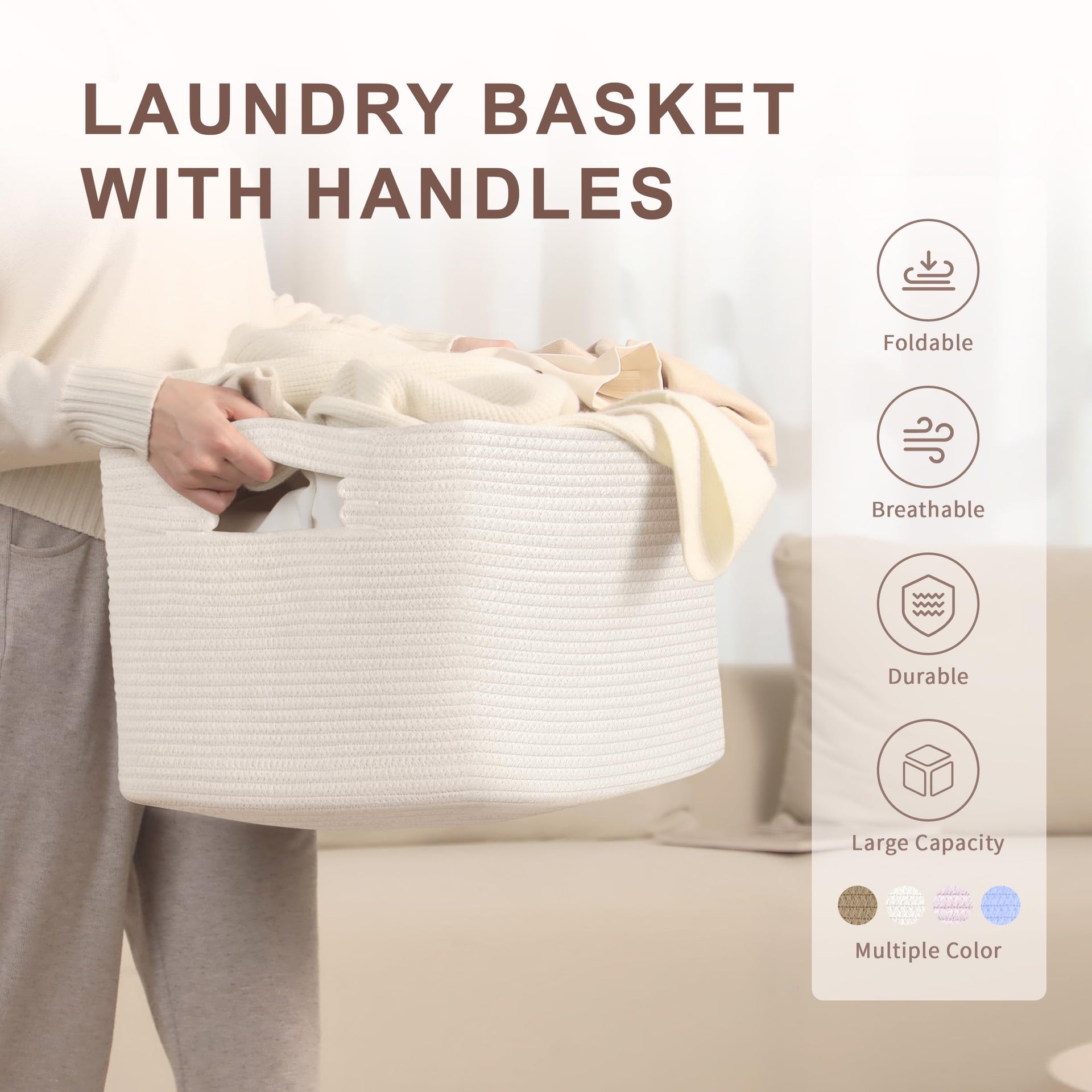 60L Woven Laundry Basket Hamper with Handles