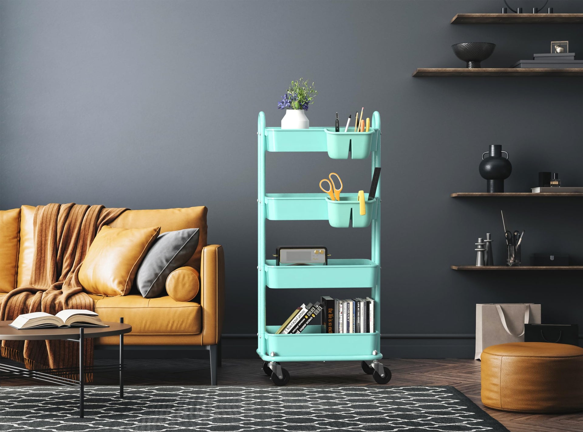4 Tier Rolling Utility Cart with Hanging Bucket
