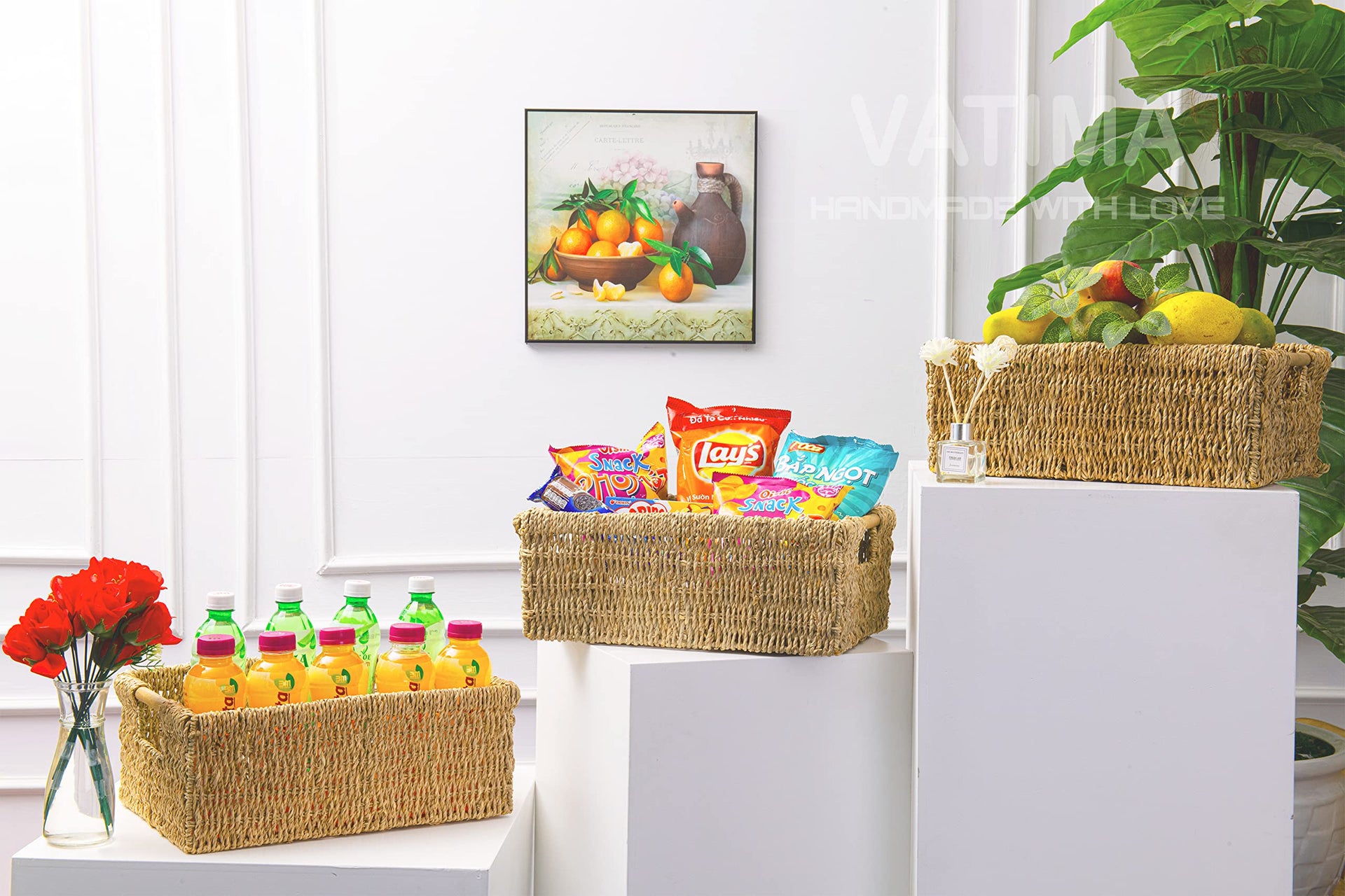 Large Natural Wicker Basket Rectangular with Wooden Handles