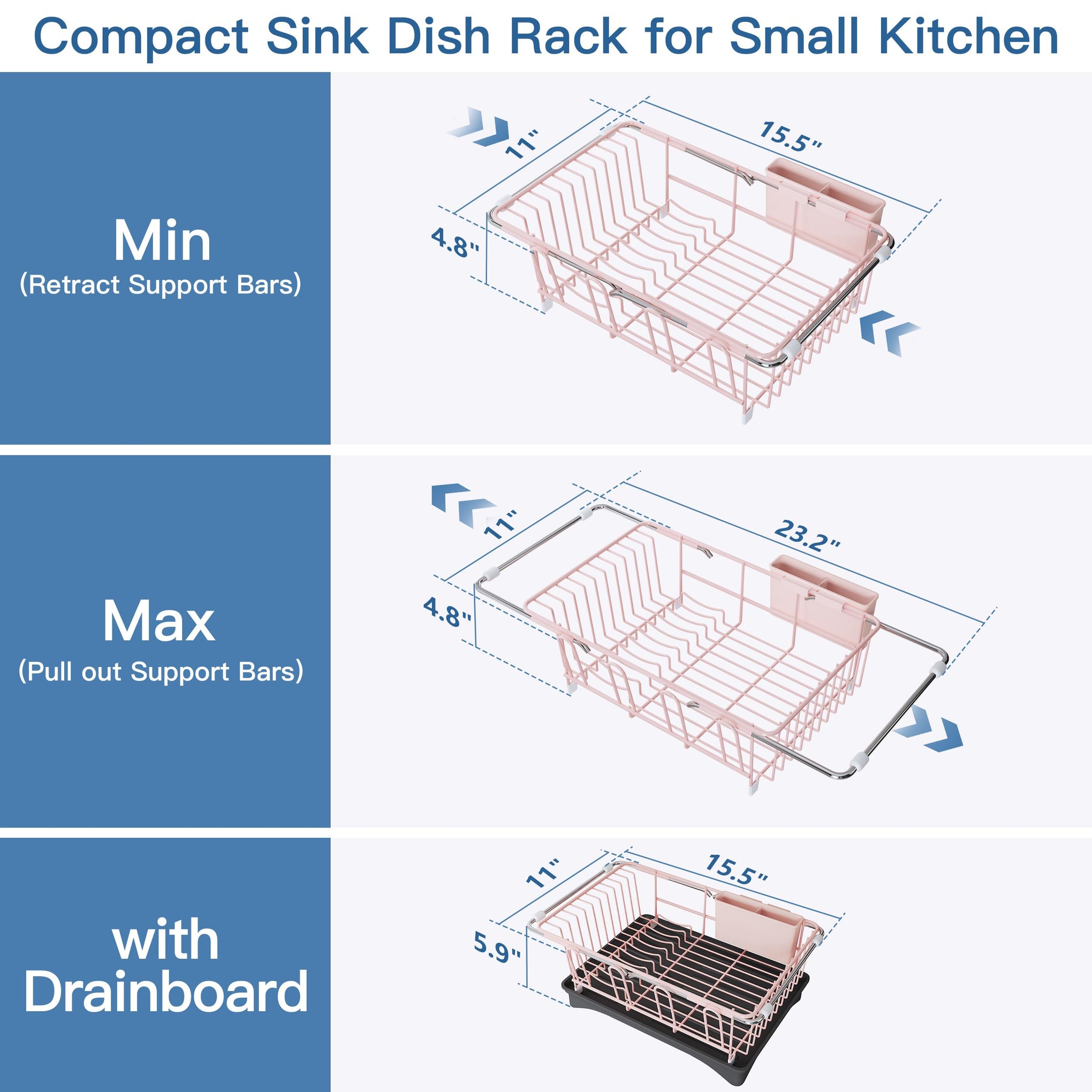 Pink Dish Drying Rack in Sink with Drainboard and Utensil Holder