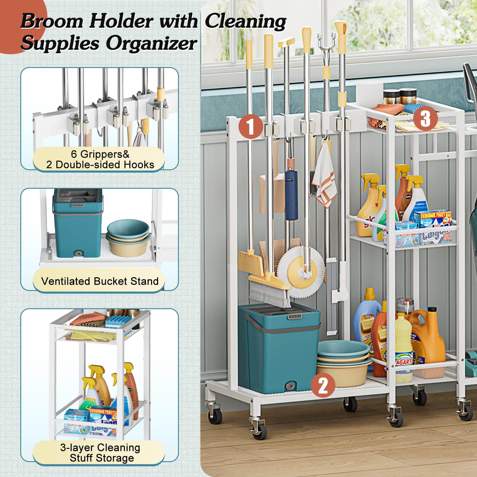 Broom Holder with Cleaning Supplies Organizer