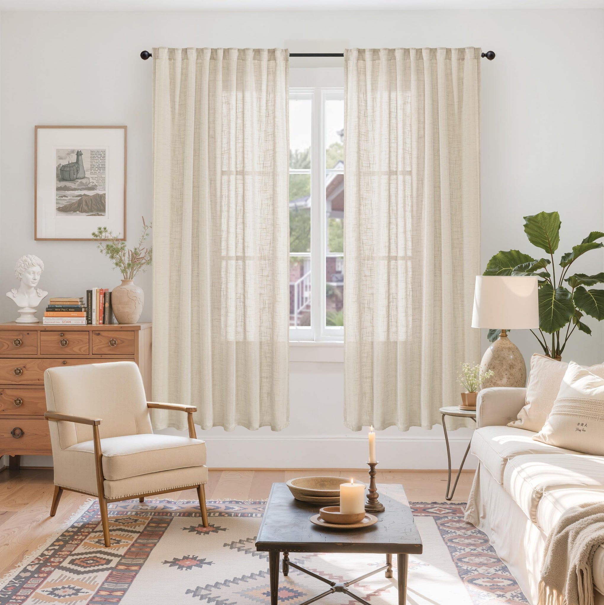 Oatmeal Linen Semi Sheer Curtains 72 Inches Long for Living Room (2 Count)