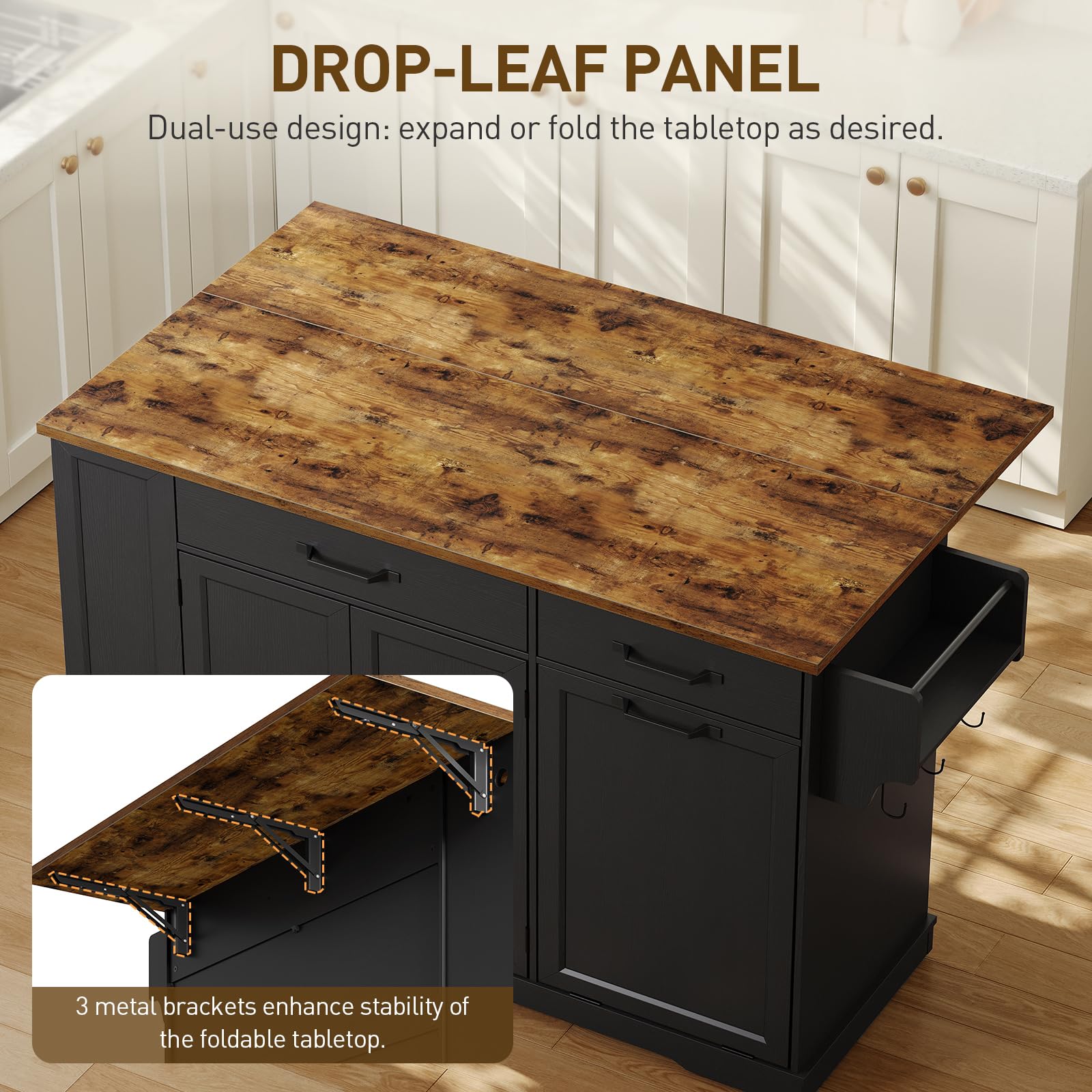Kitchen Island with Power Outlet & Drop Leaf