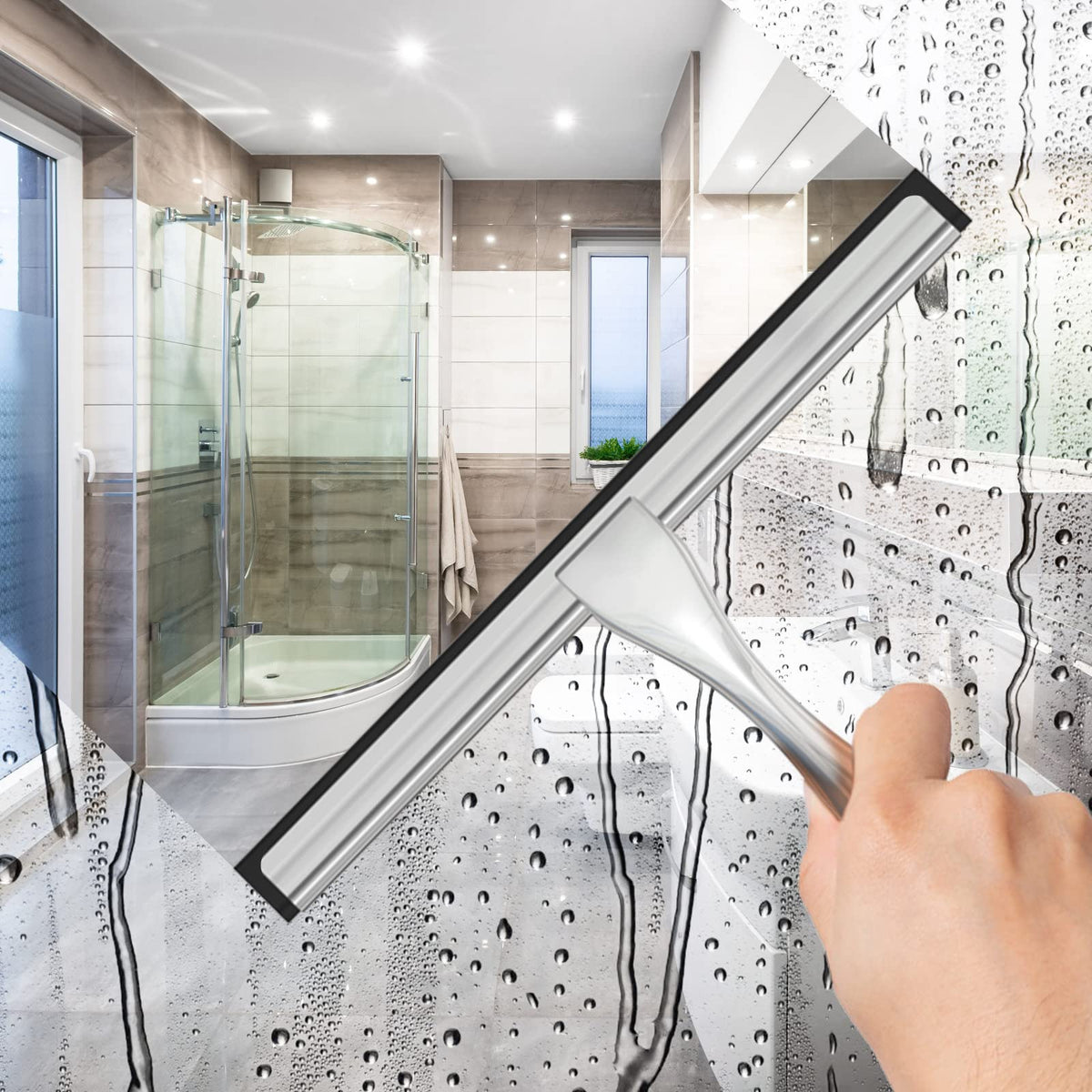 All Purpose Stainless Steel Shower Squeegee for Shower Doors with 2 Adhesive Hooks