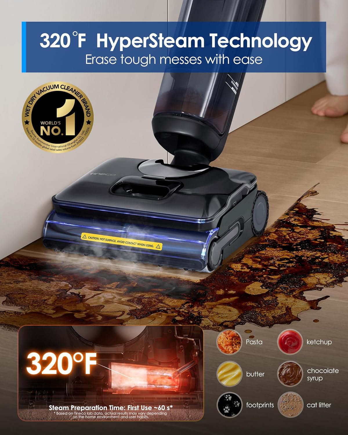 Tineco Floor One S7 Stretch Steam Cordless Wet Dry Vacuum Steam Mop All-in-One, 320℉ HyperSteam, 180° Lay-Flat, Anti-Tangle Design, FlashDry Self-Cleaning, Up to 80 Min Runtime - ModHome Supplies