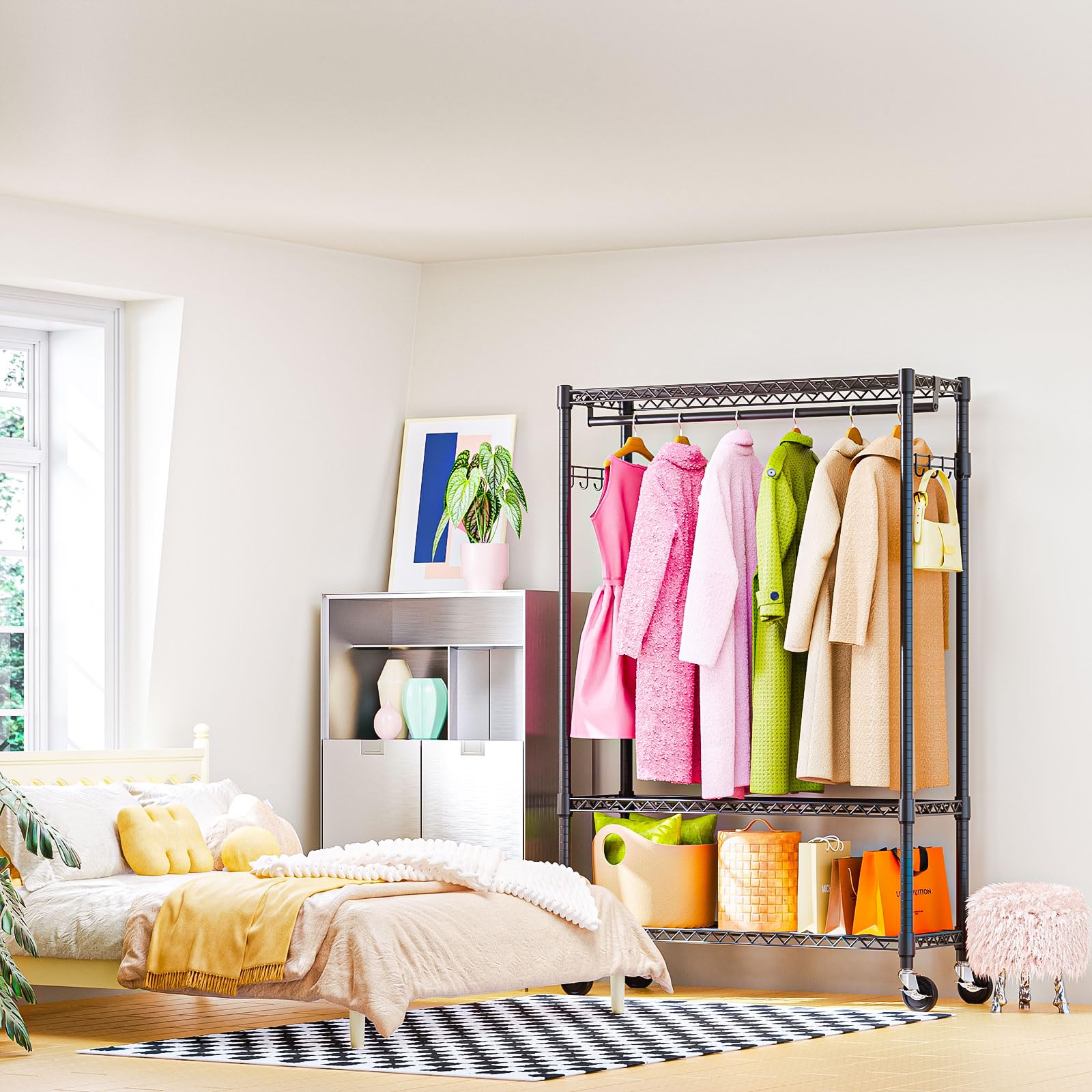 Heavy Duty Rolling Garment Rack 3 Tiers Adjustable Wire Shelving Clothes Rack with 1 Rods and Side Hooks