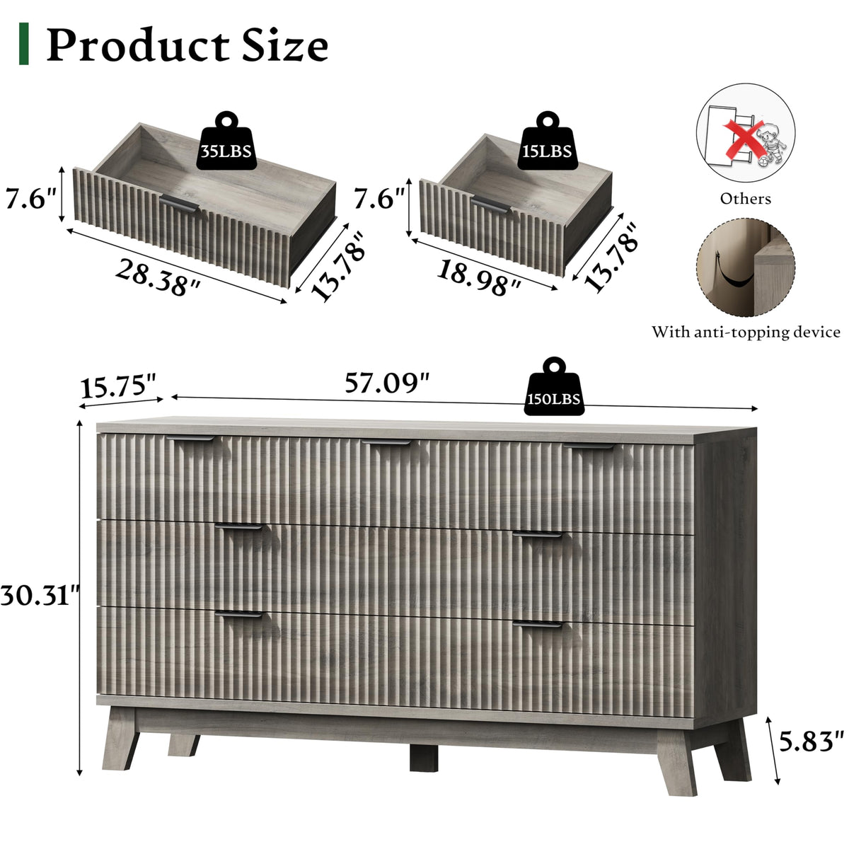 Fluted Dresser with 7 Drawers