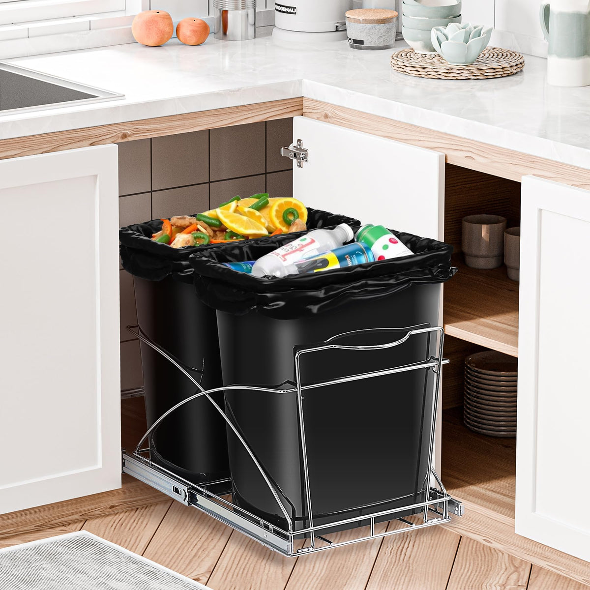 Double 35 Quart Pull Out Trash Can Under Cabinets Under Sink Garbage Sliding Waste Bin Container Recycling Bins with Chrome Wire Bottom Mount 44 lbs Load Capacity