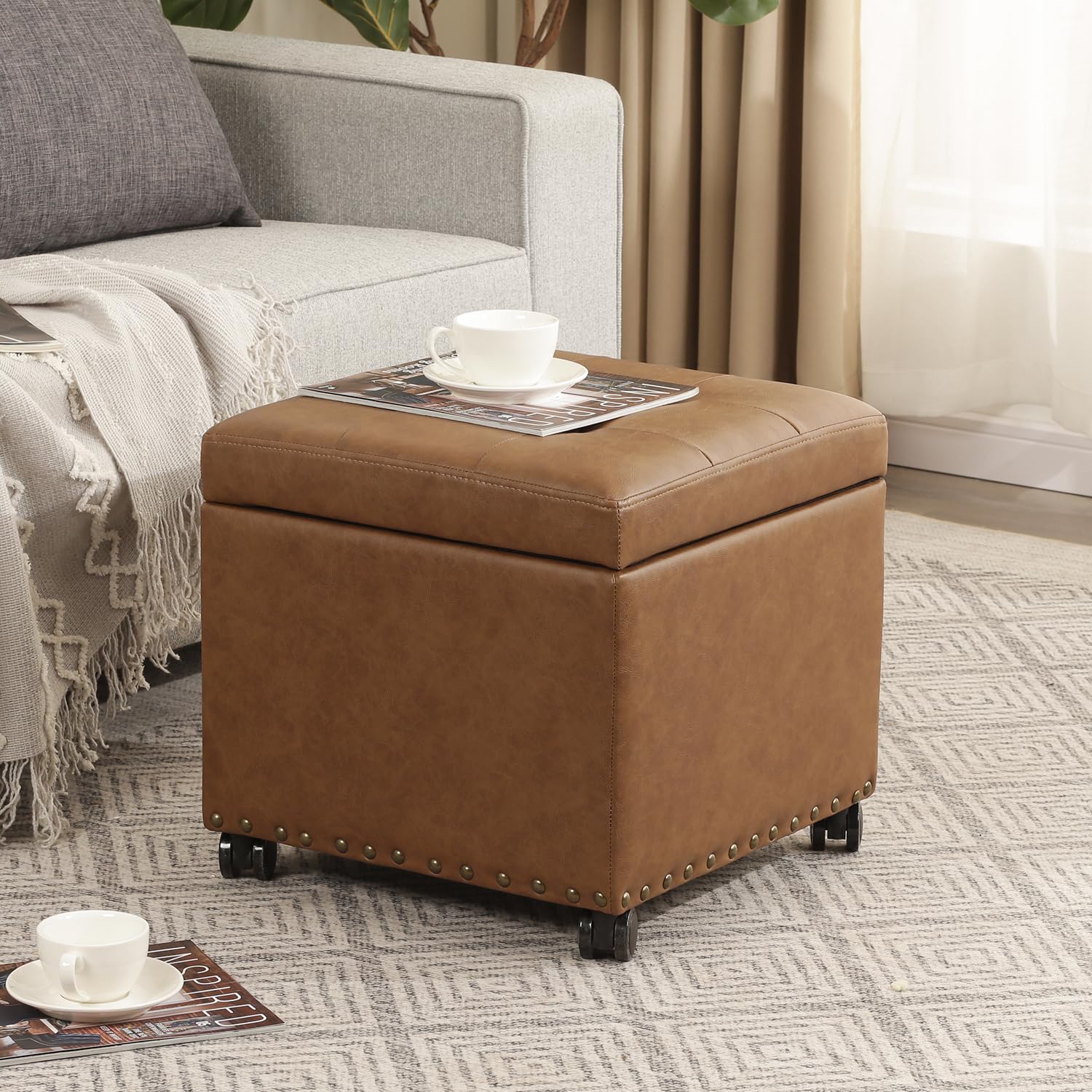 16.7" H Vintage Golden Brown Leather Storage Ottoman with 360 Caster Wheels