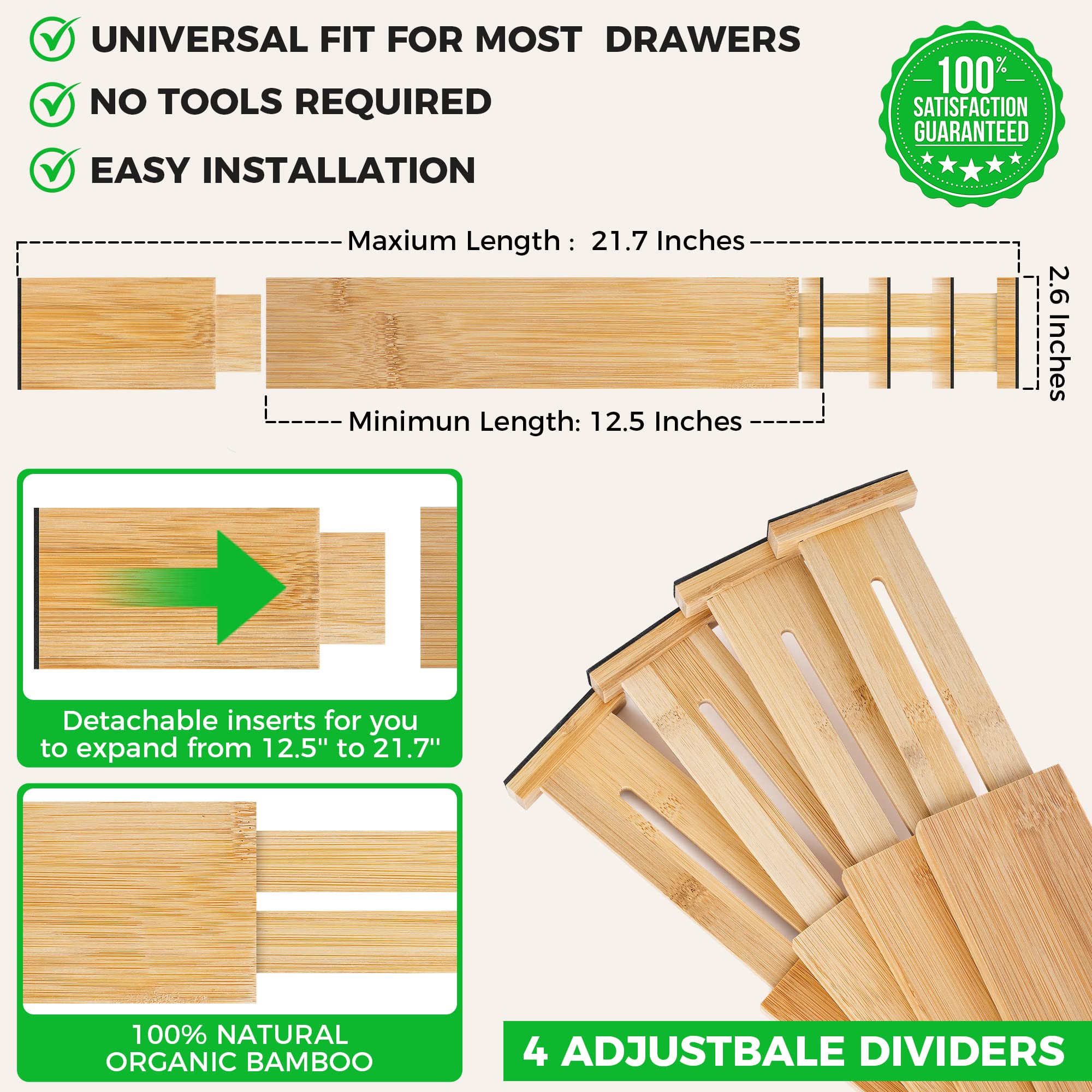 4 Pack Bamboo Drawer Dividers Organizer with Inserts 2.6'' High (4 Count)