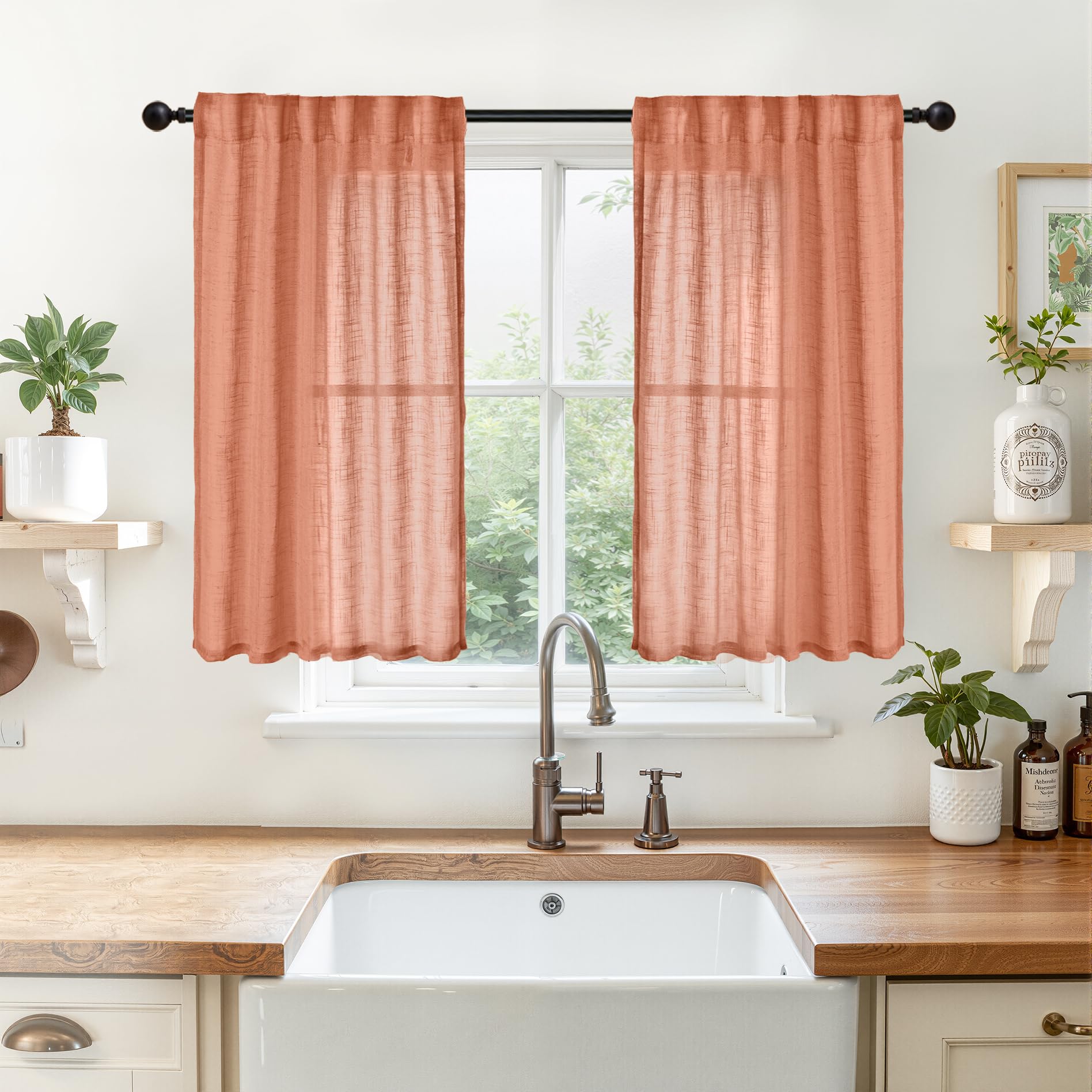 Burnt Orange Linen Semi Sheer Curtains 34 X 40 Inch Long for Kitchen Window (2 Count)