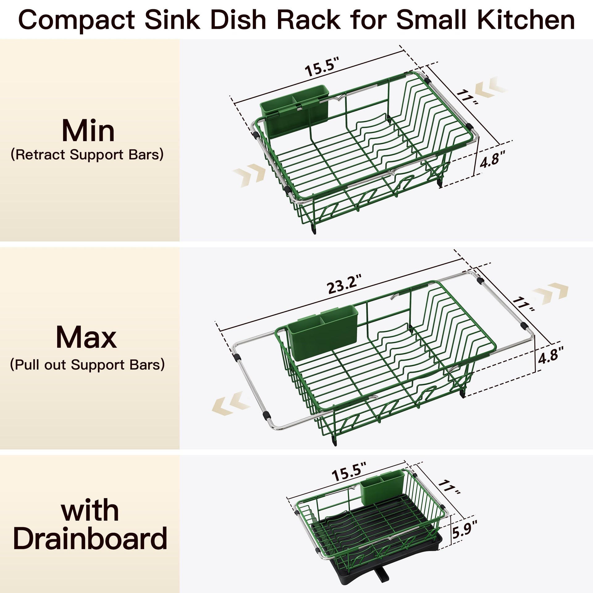 Green Dish Drying Rack in Sink with Drainboard and Utensil Holder