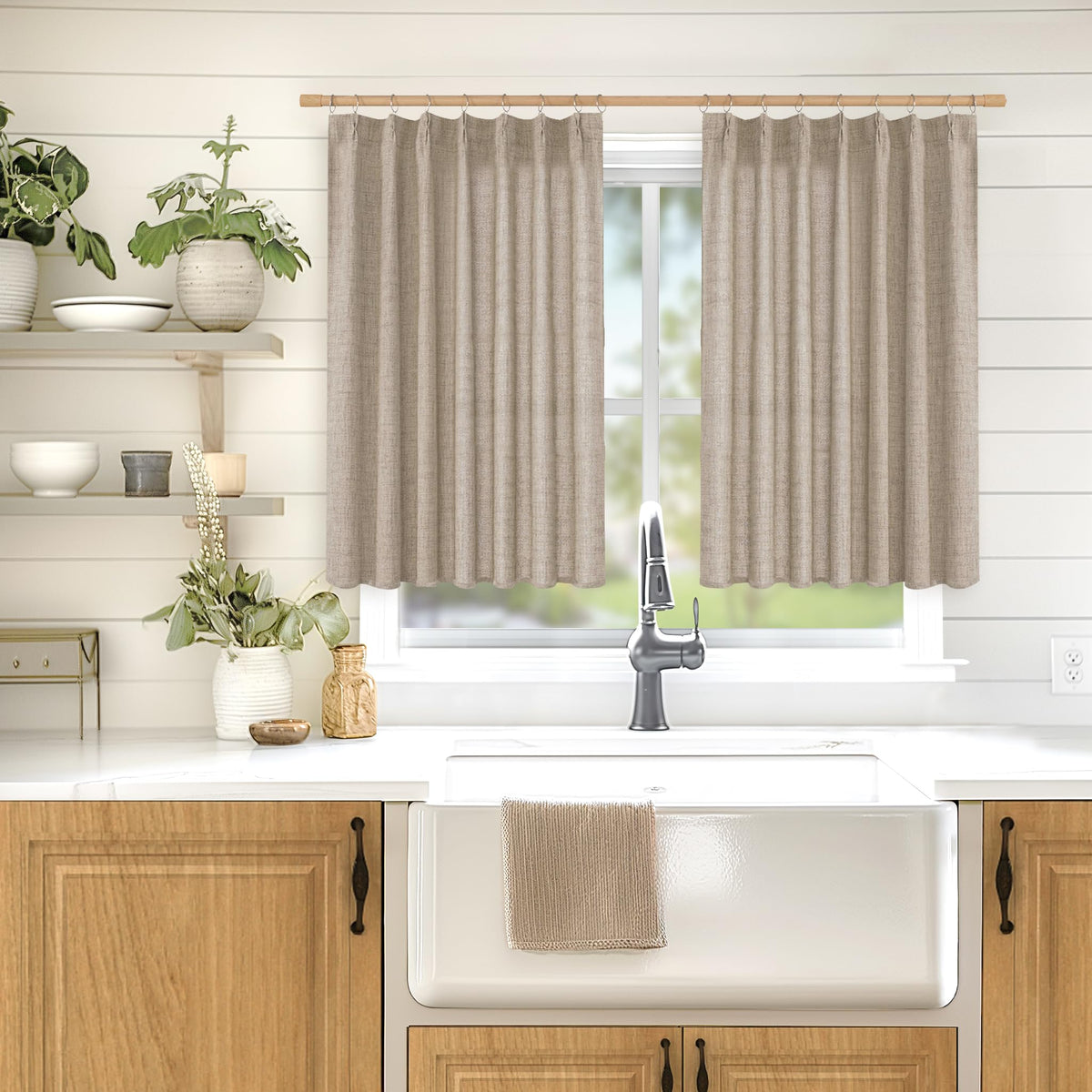 Oatmeal Linen Curtains 36 Inch Length for Short Kitchen Window (2 Count)
