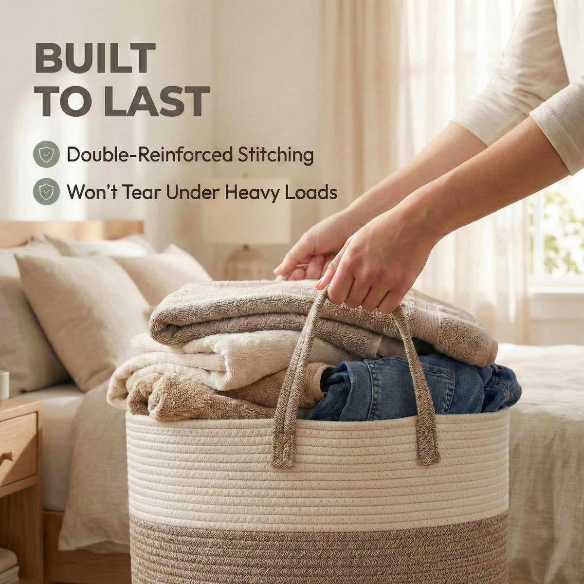 65L Extra Large Machine Washable Cotton Rope Blanket Basket