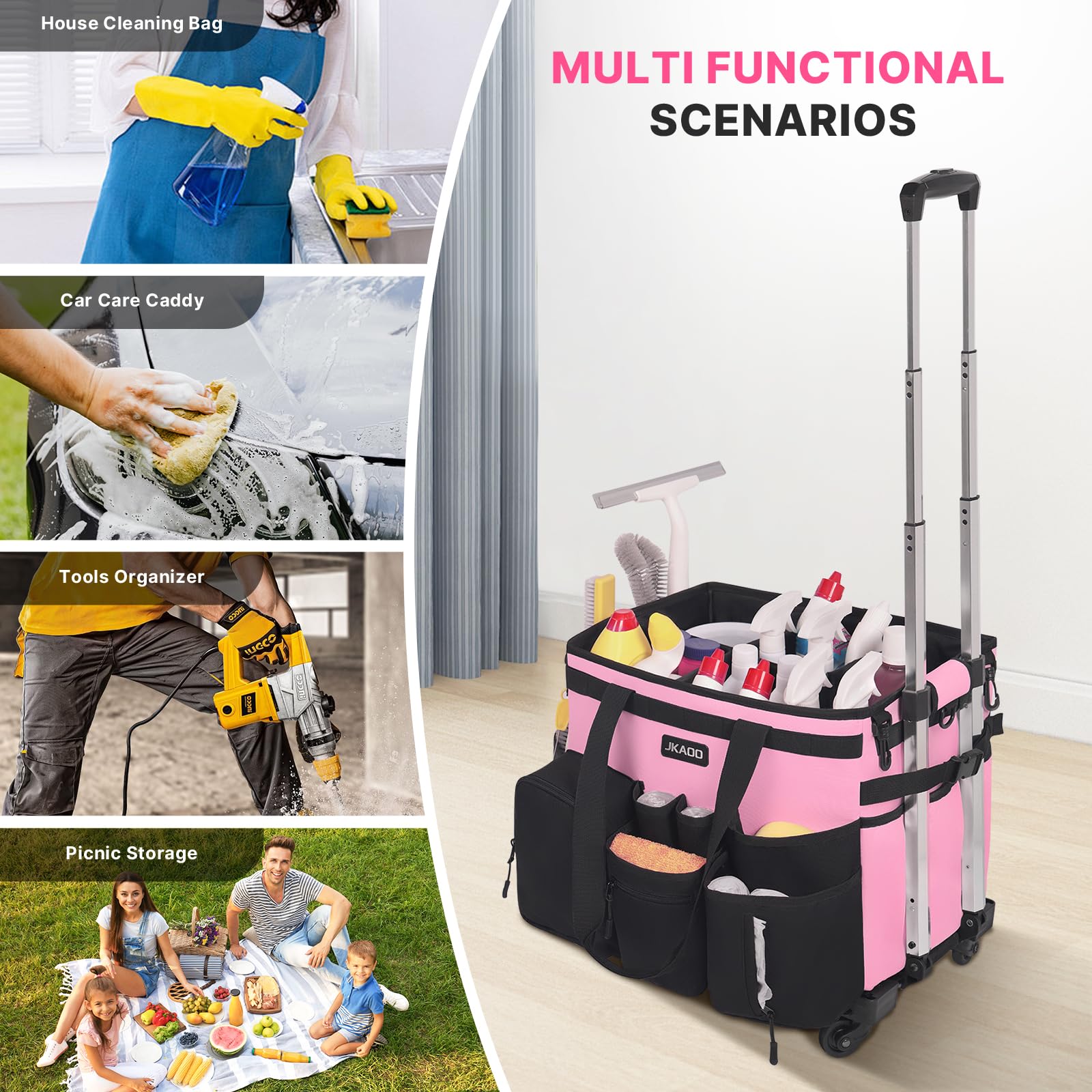 Large Rolling Cleaning Caddy Bag with Detachable Trolley