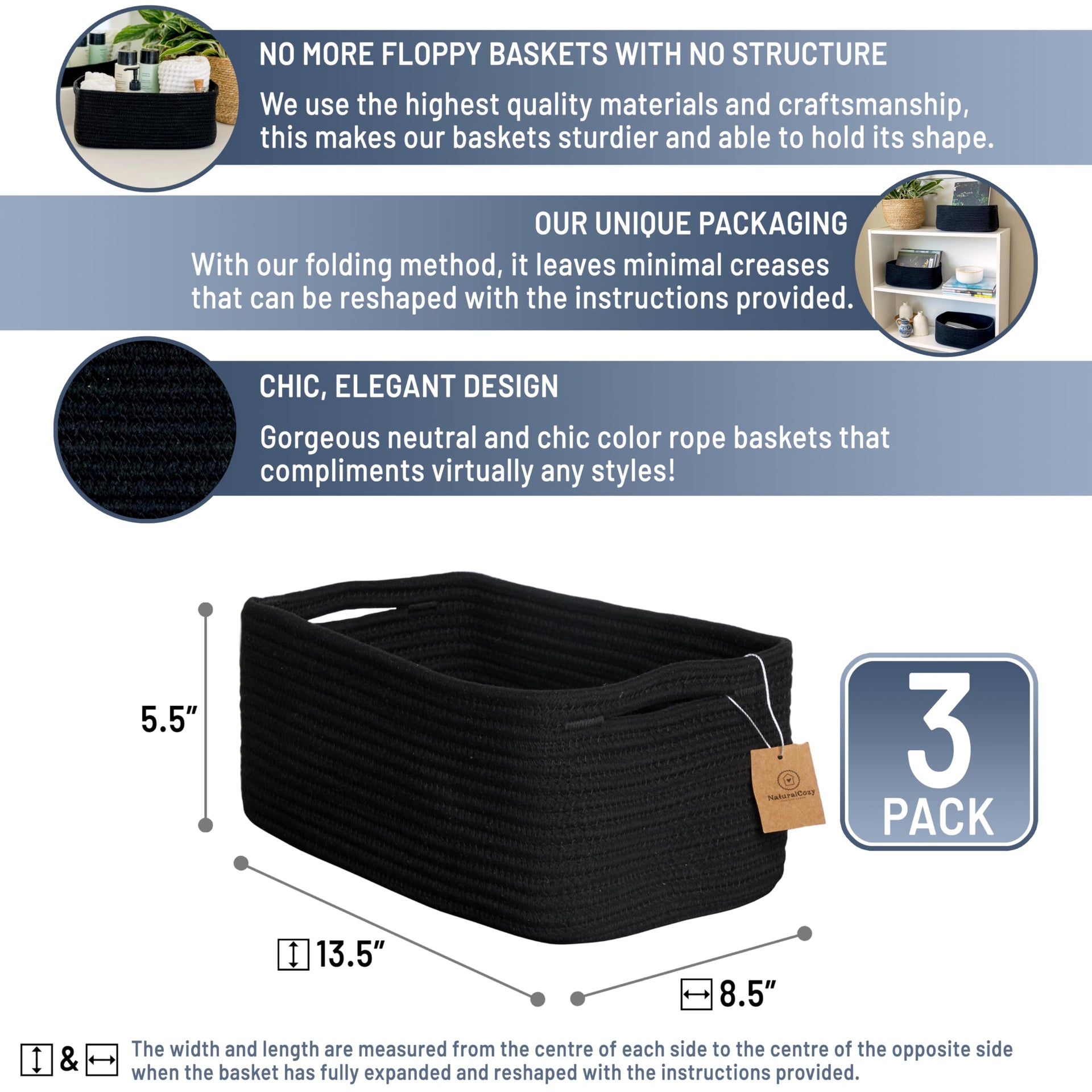 13.5”x8.5”x5.5” Rectangle Storage Baskets for Shelves 3 Pack (3 Count)