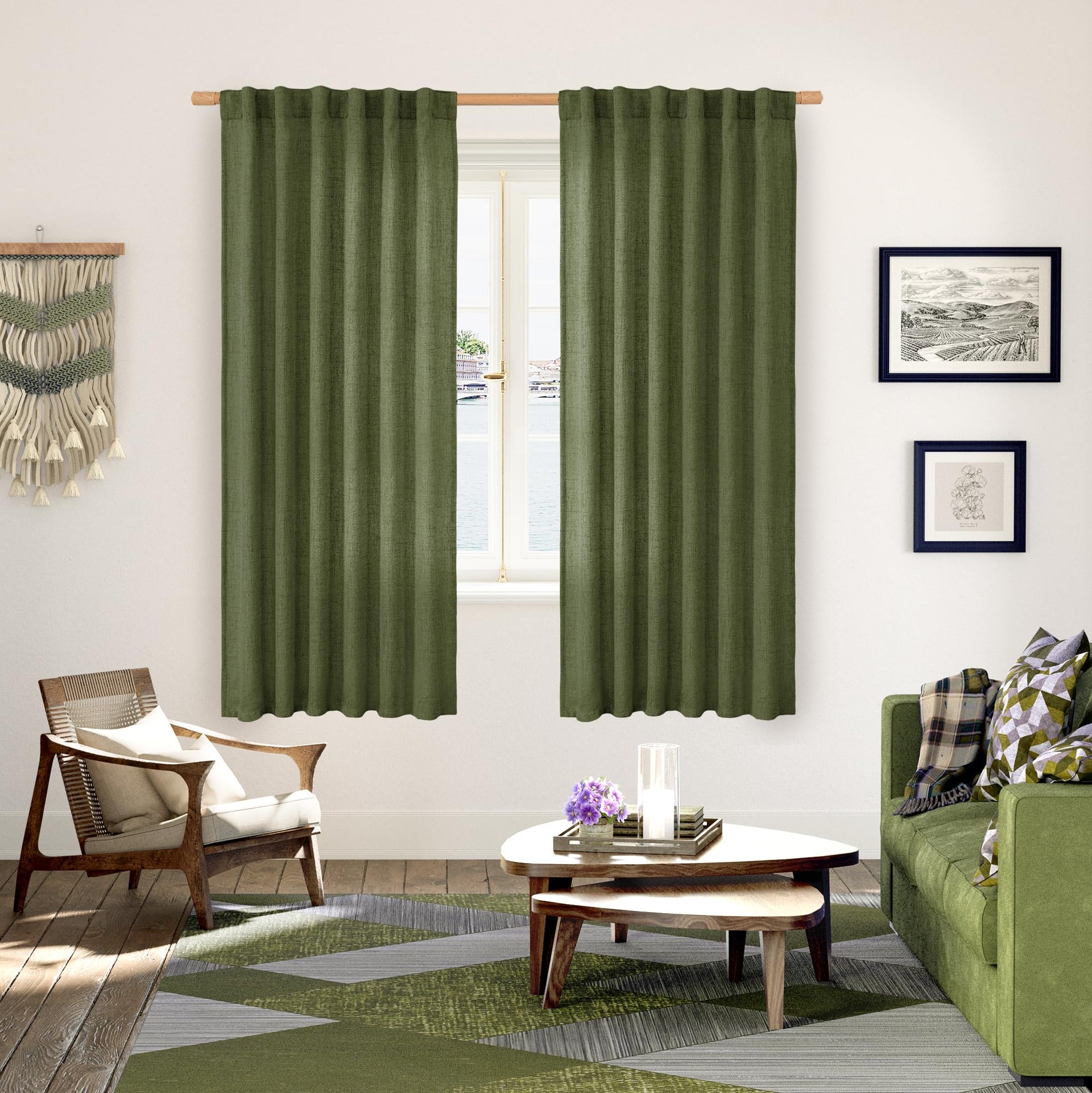 Olive Green Linen Semi Sheer Curtains 72 Inch Length for Living Room (2 Count)