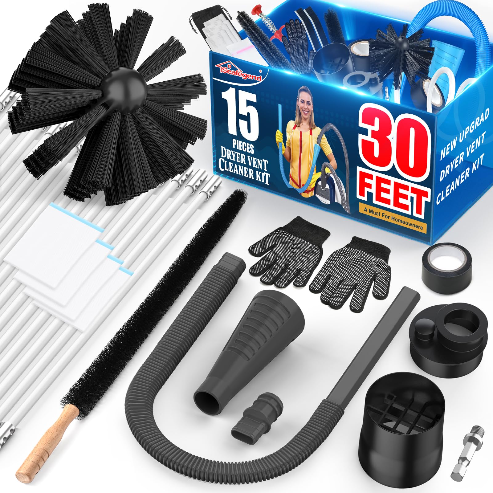 15 Piece Dryer Vent Cleaner Kit Omnidirectional Dryer Cleaning Kit Include 30 Feet Dryer Vent Brush (15 Count)