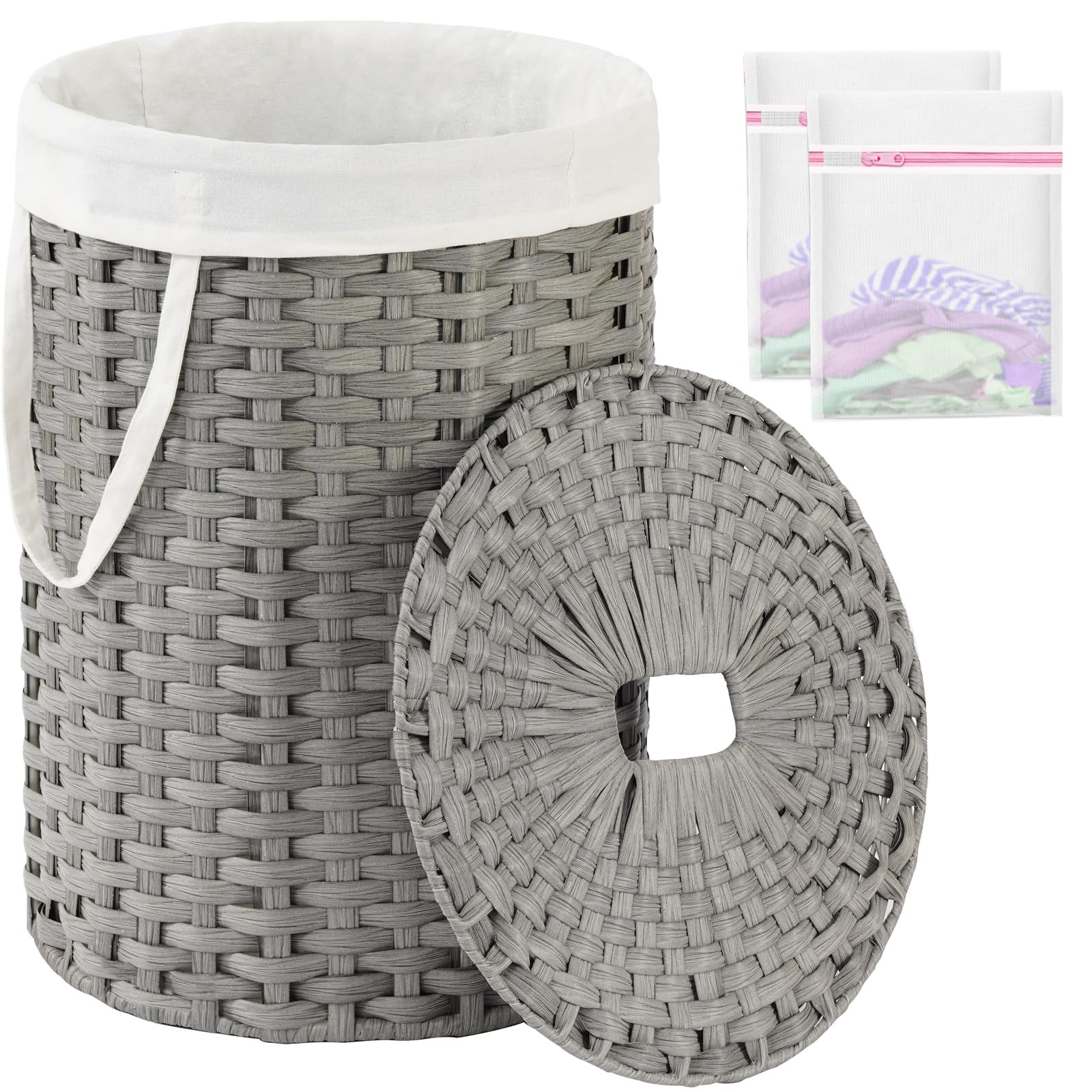 Laundry Basket with Lid 23.8 Gal Round Laundry Hamper Grey
