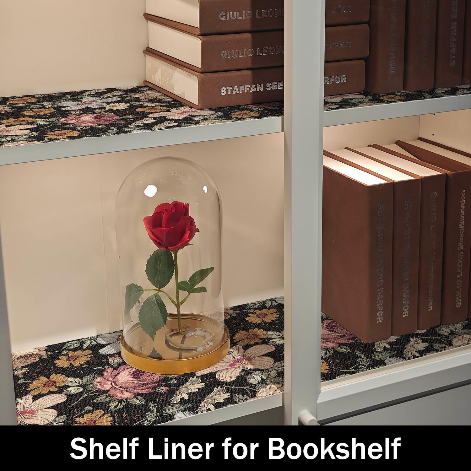Black Retro Floral Shelf Drawer Liner for Kitchen 16IN x 10FT (12.96 Sq Ft)