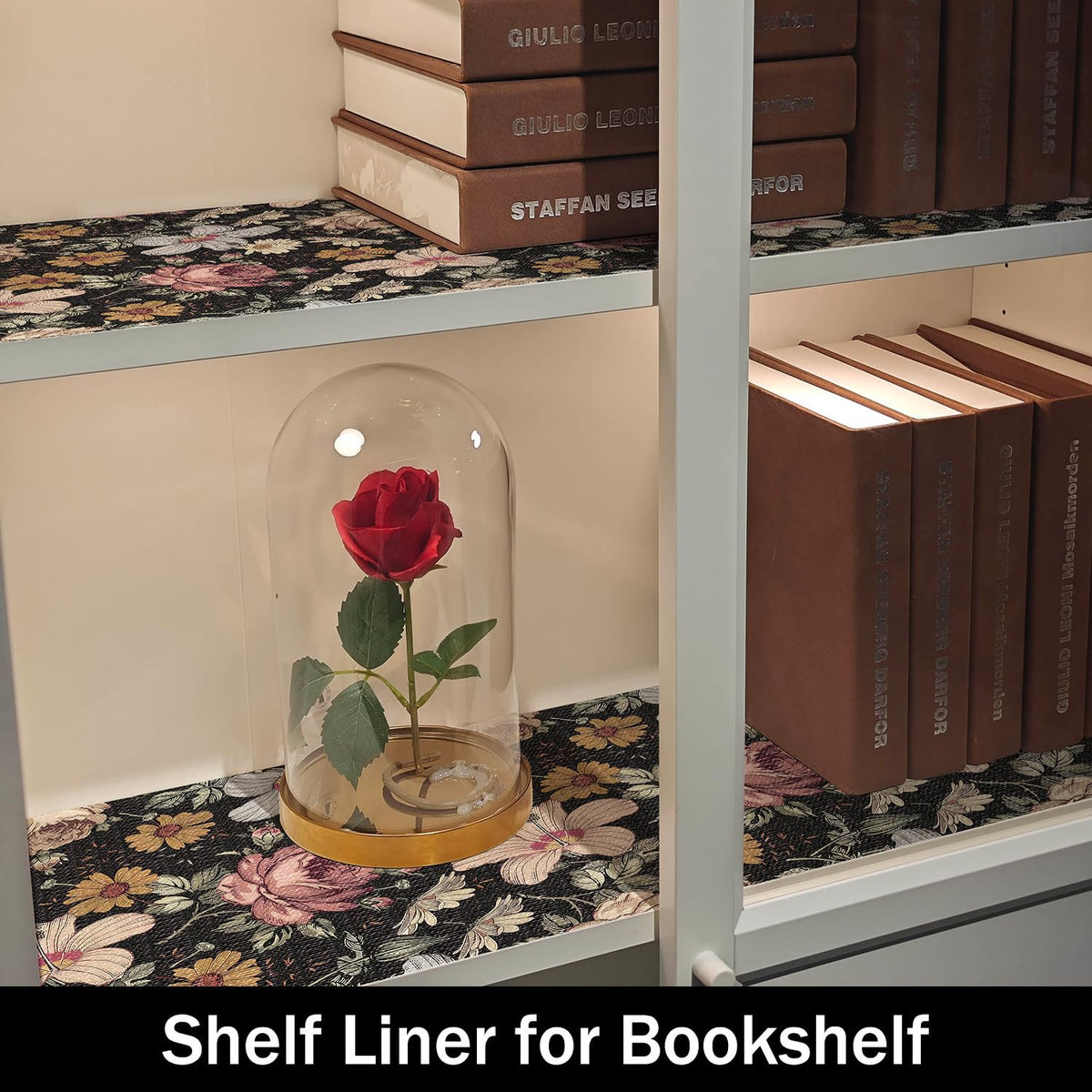 Black Retro Floral Shelf Drawer Liner for Kitchen 16IN x 10FT (12.96 Sq Ft)