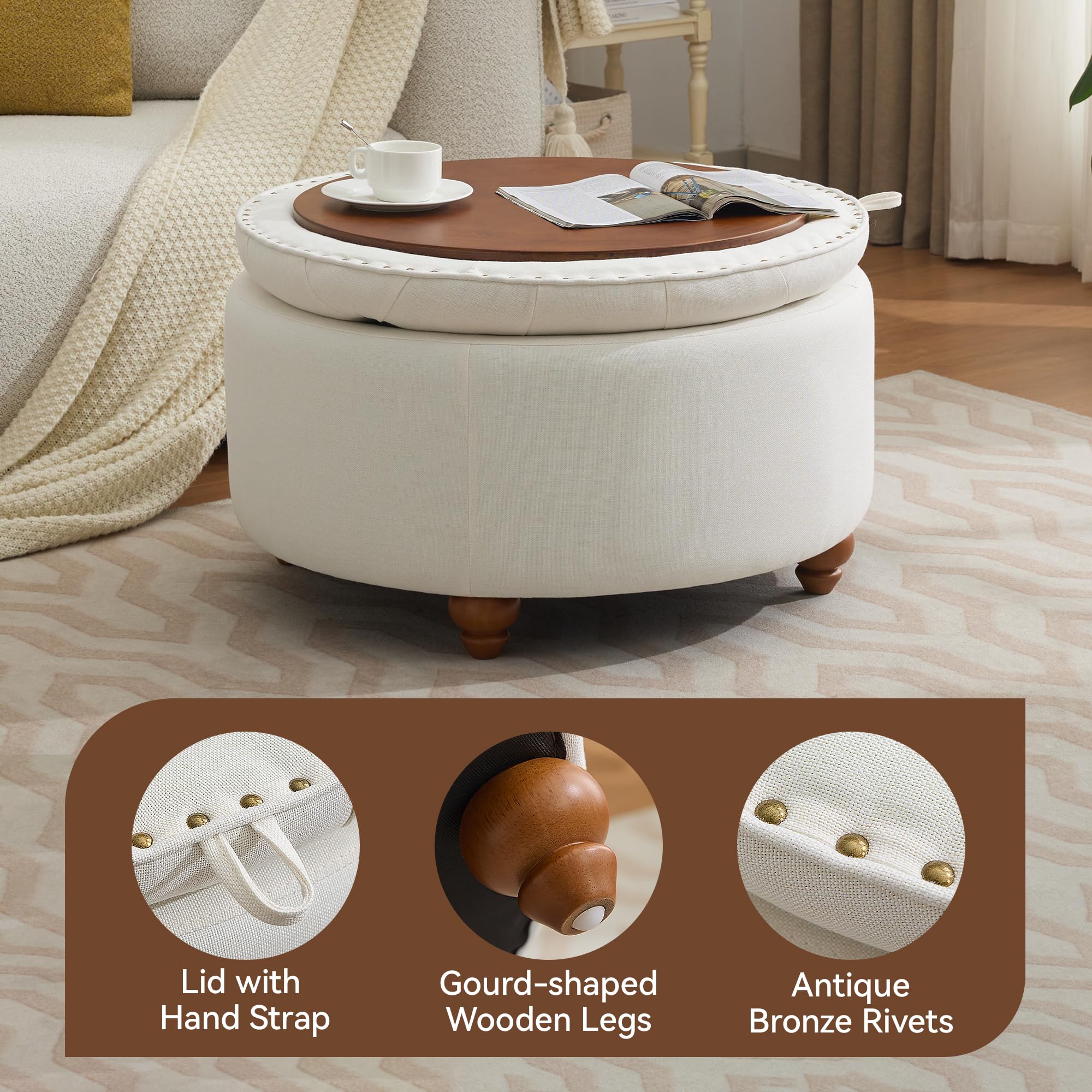 30Inch Round Storage Ottoman with Tray