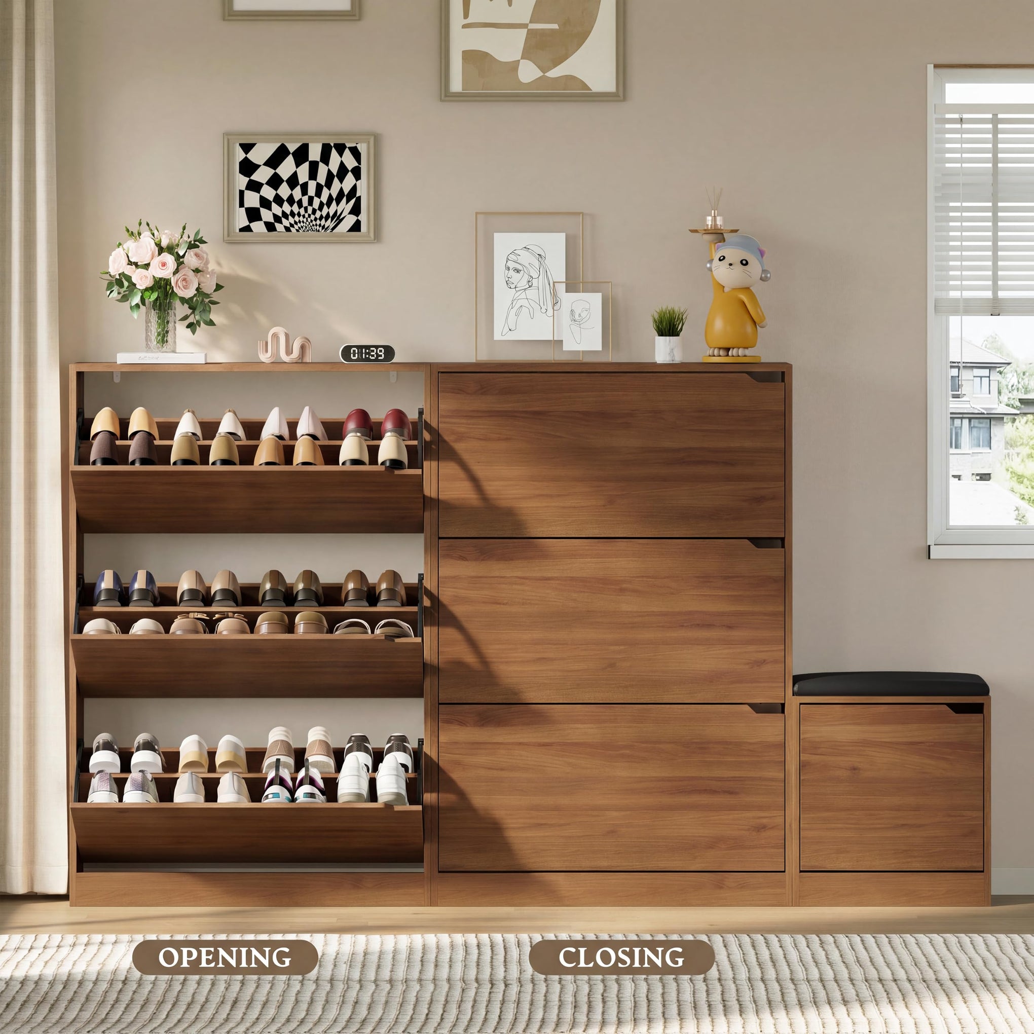 Shoe Cabinet with Bench and 3 Flip Drawers