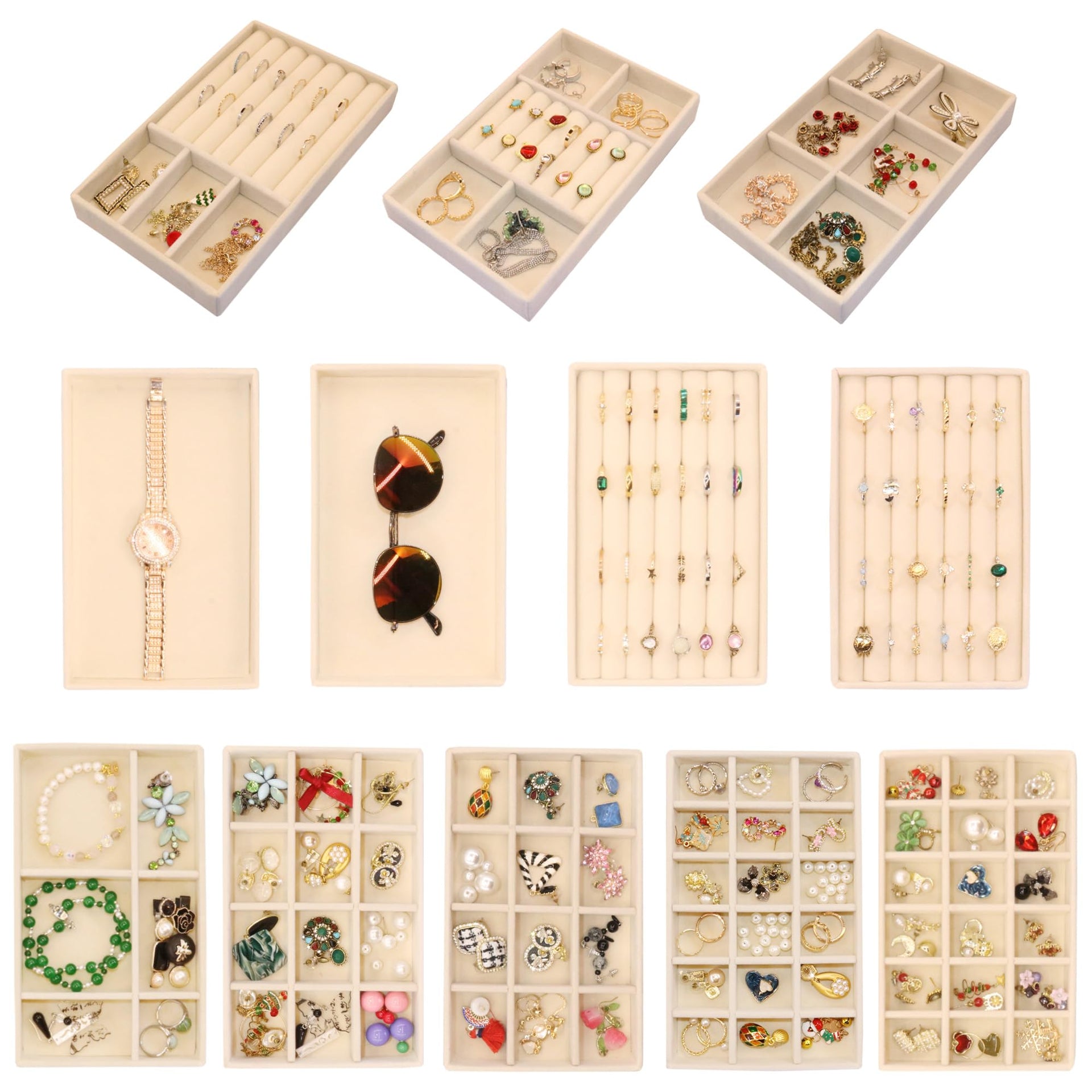12Set Jewelry Trays Velvet Jewelry Display Plate Stackable Jewelry Drawer Organizer Earring Organizer for Women (12 Count)