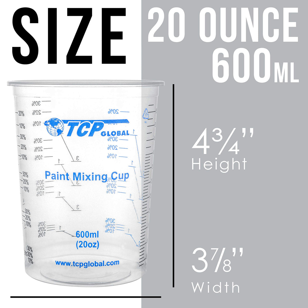 20 oz. (600ml) Graduated Plastic Mixing Cups - Box of 100 with 50 Mixing Sticks - Disposable Plastic Measuring Cups for Liquids, Paints, Resin, Epoxy, Art, Kitchen - Ratios 2-1, 3-1, 4-1 ML