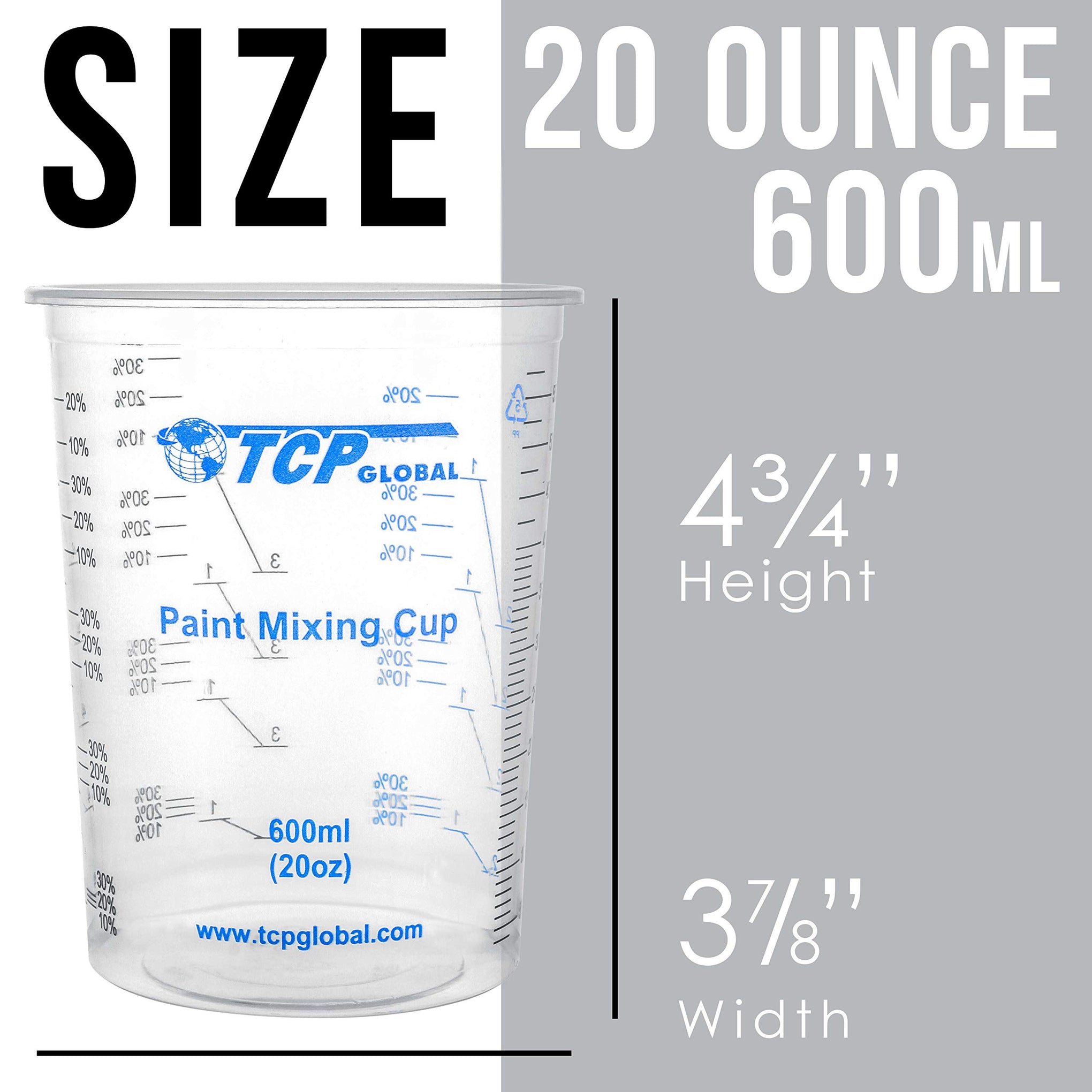 20 oz. (600ml) Graduated Plastic Mixing Cups - Box of 100 with 50 Mixing Sticks - Disposable Plastic Measuring Cups for Liquids, Paints, Resin, Epoxy, Art, Kitchen - Ratios 2-1, 3-1, 4-1 ML