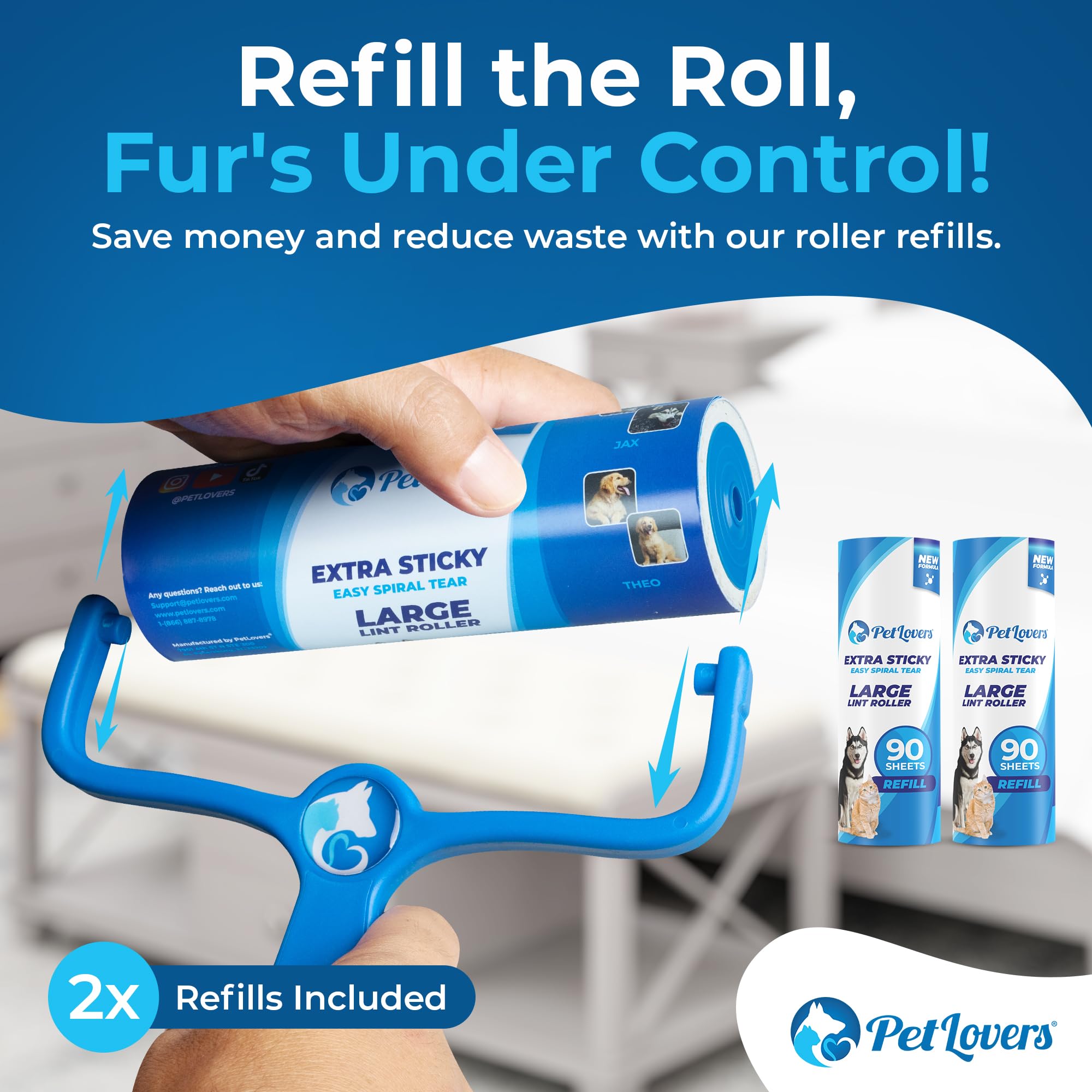 6.3" Large Lint Roller for Pet Hair Extra Sticky 270 Sheets
