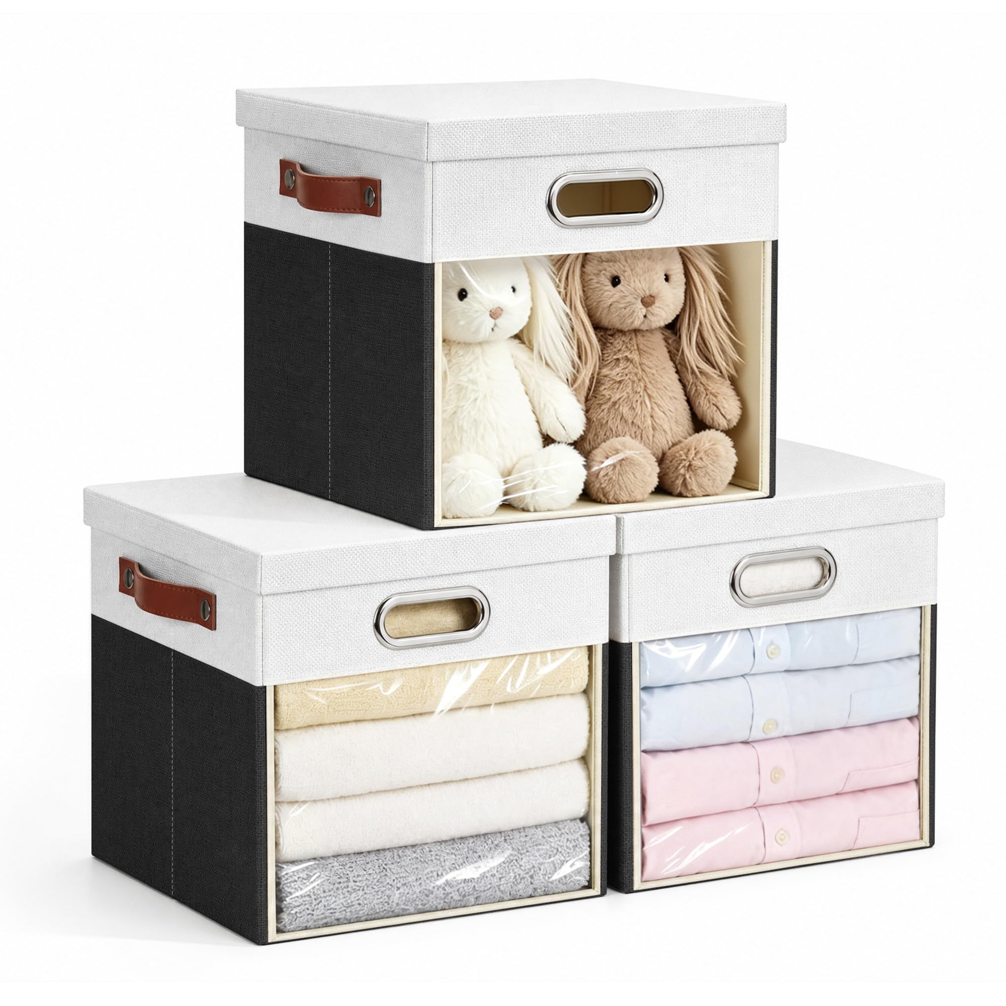 13x13 Inch Ultra Thick Fabric Storage Bins with Lids & Windows (3 Count)