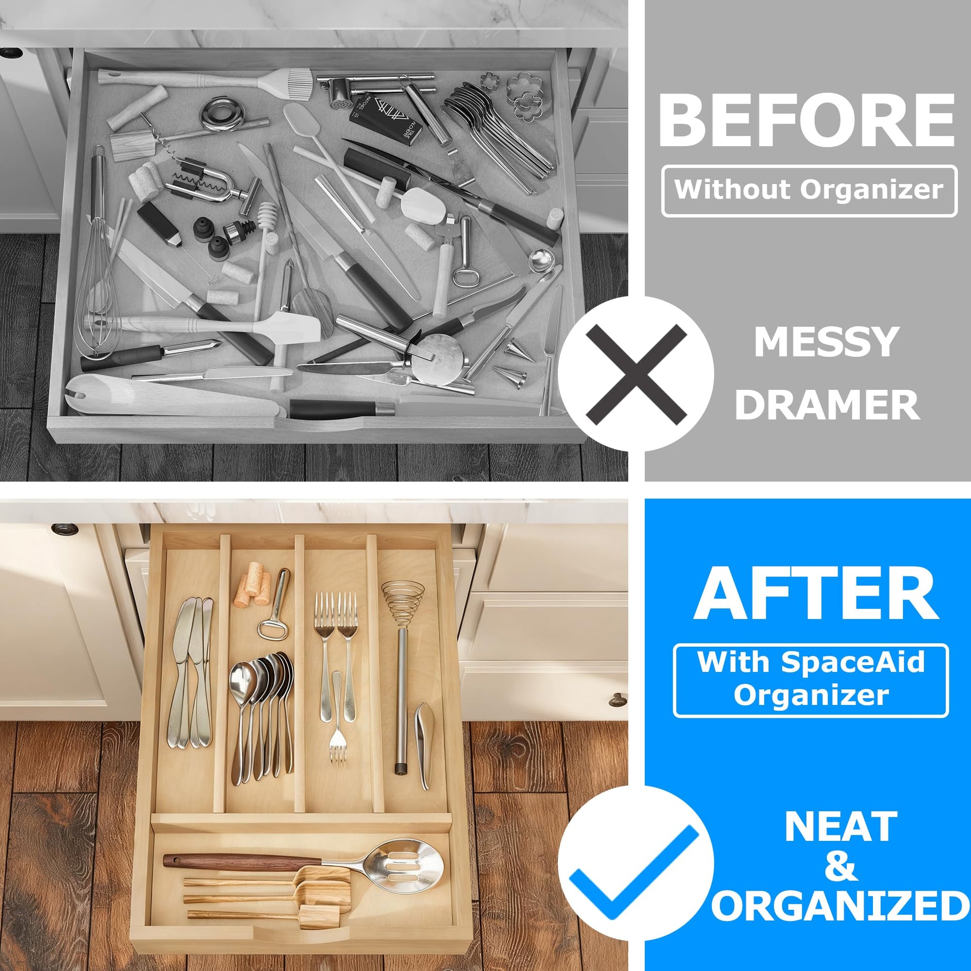 Solid Birch Wood Silverware Drawer Organizer
