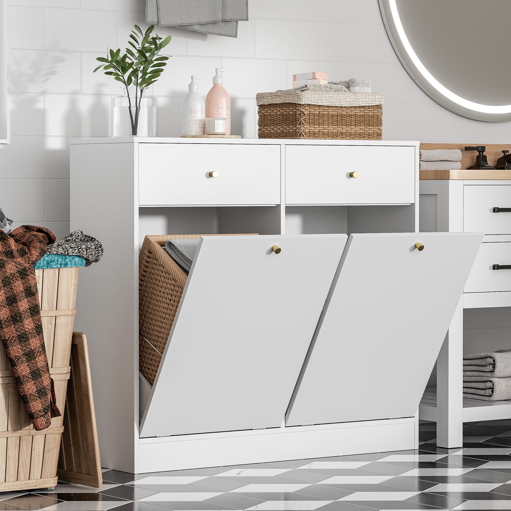Double Tilt Out Trash Can Cabinet with 2 Drawers