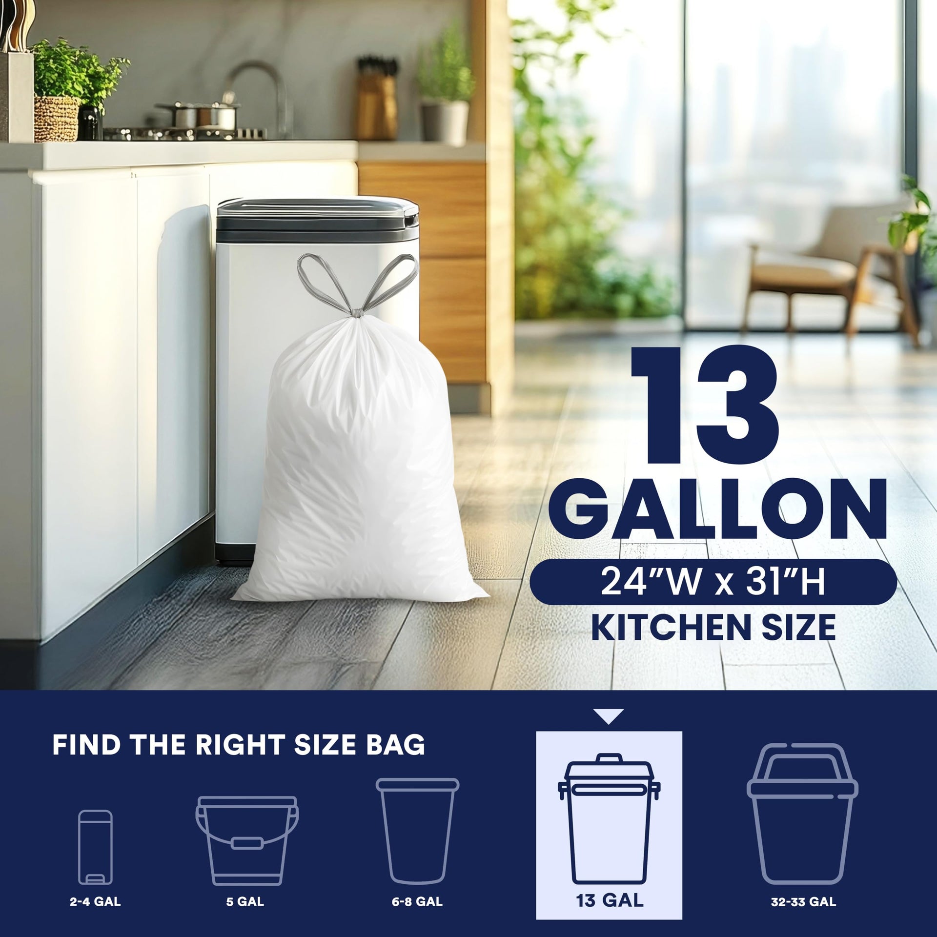 13 Gallon Trash Bags â”‚ 1.2 Mil â”‚ White Drawstring Garbage Can Liners â”‚ 24" x 31" (200 Count)