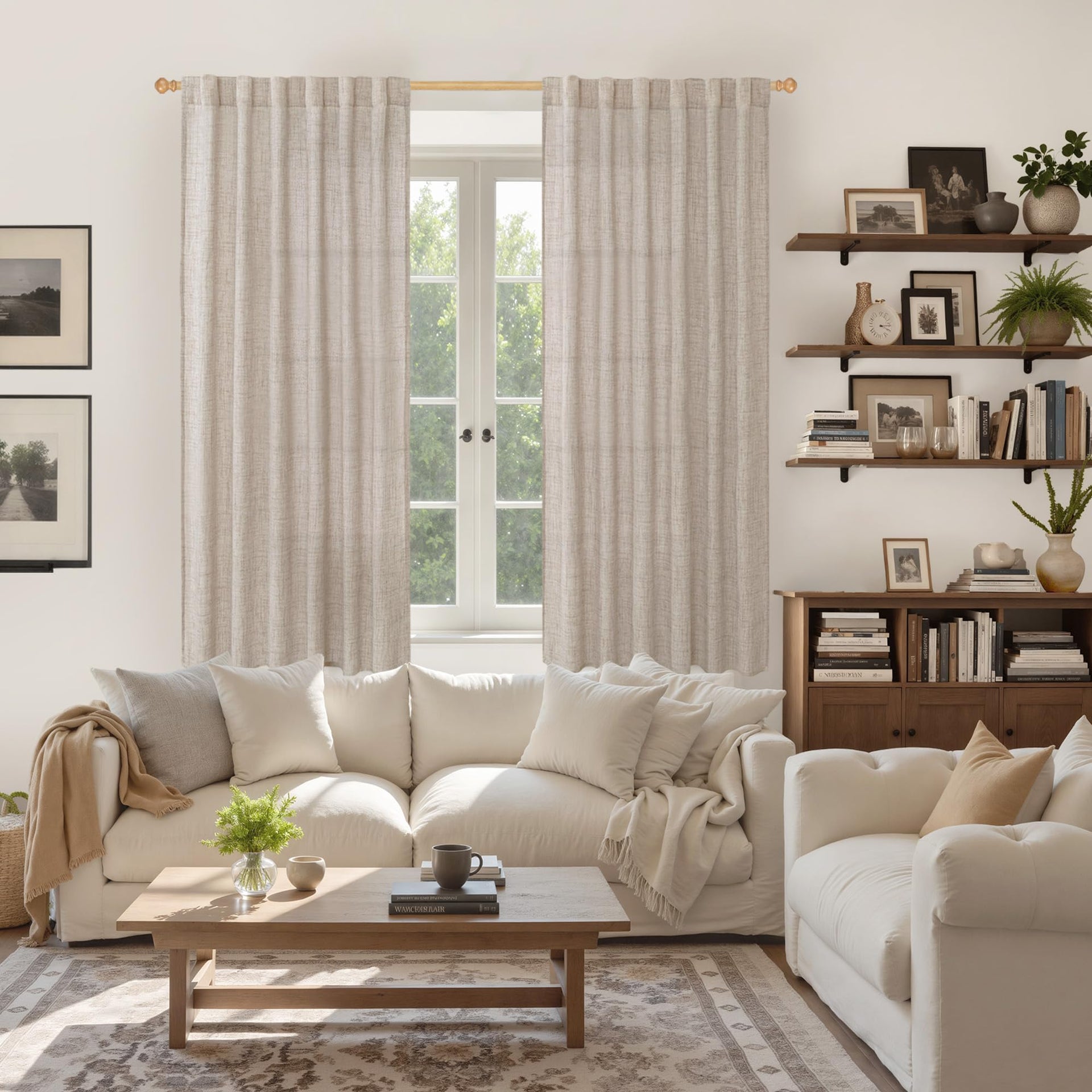 Beige Linen Semi Sheer Curtains 63 Inch Length for Living Room (2 Count)