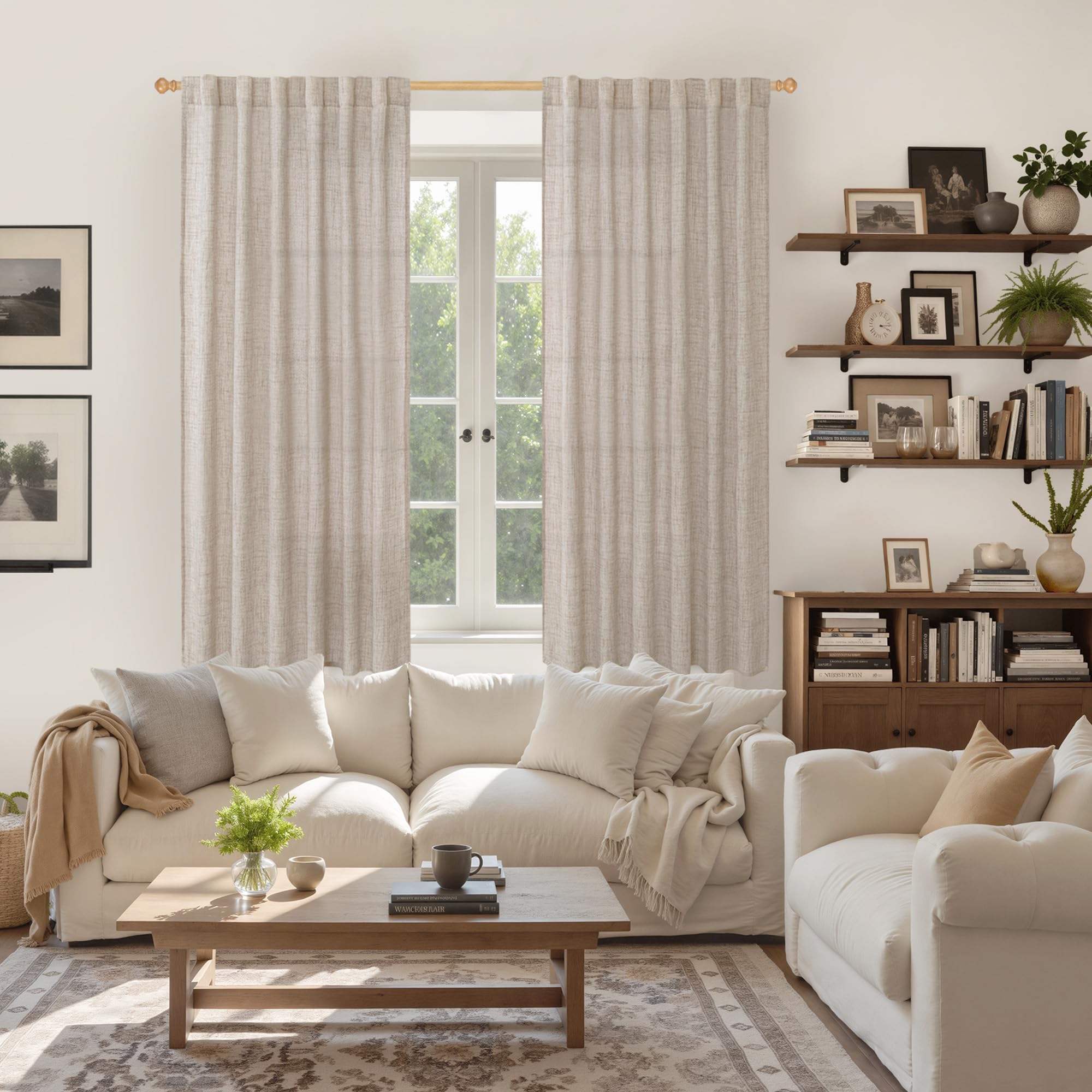 Beige Linen Semi Sheer Curtains 63 Inch Length for Living Room (2 Count)