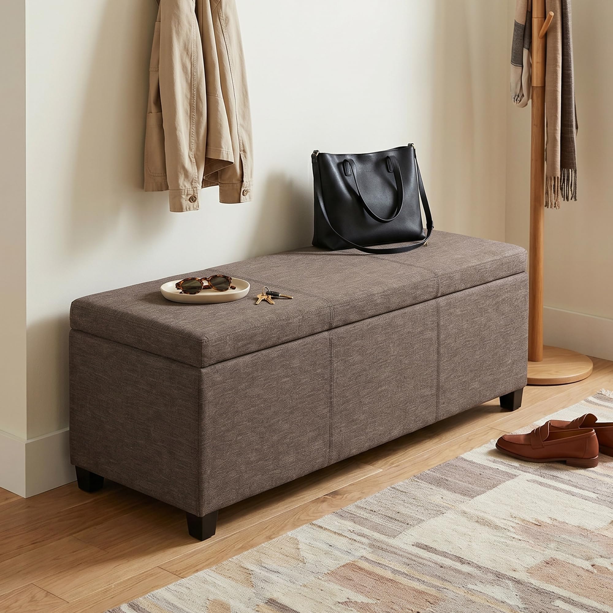 Avalon 48" Wide Linen Look Fabric Storage Ottoman in Fawn Brown