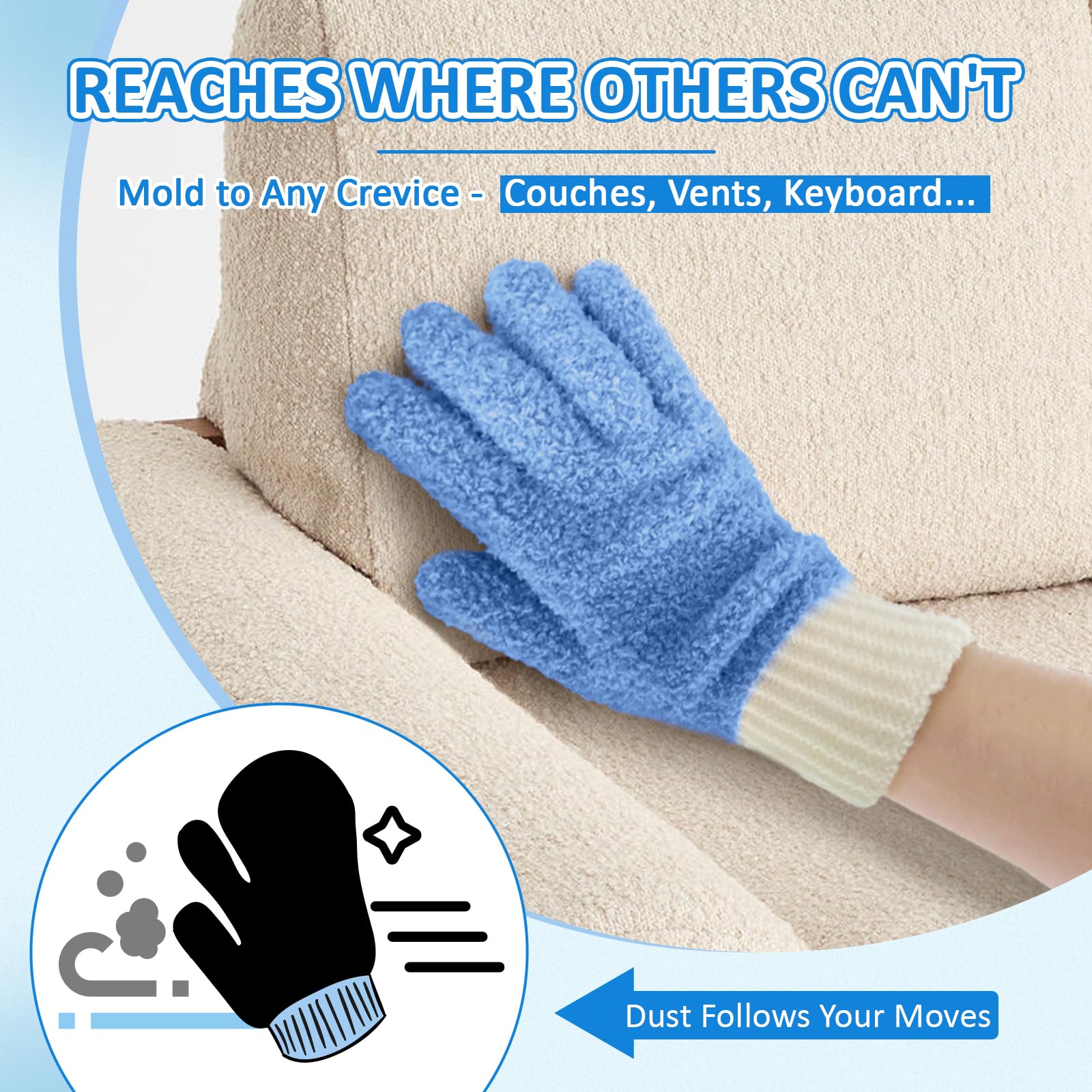 Microfiber Dusting Gloves Washable Reusable Cleaning Mittens Gloves Kitchen House Cleaning Car Blinds Blue 4 Pairs S (8 Count)