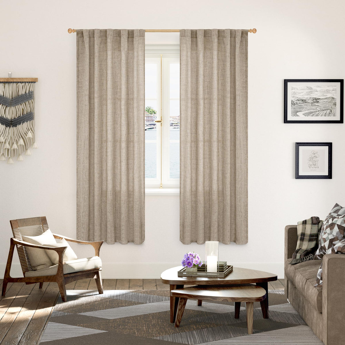 Oatmeal Burlap Linen Curtains 72 Inches Long for Living Room (2 Count)
