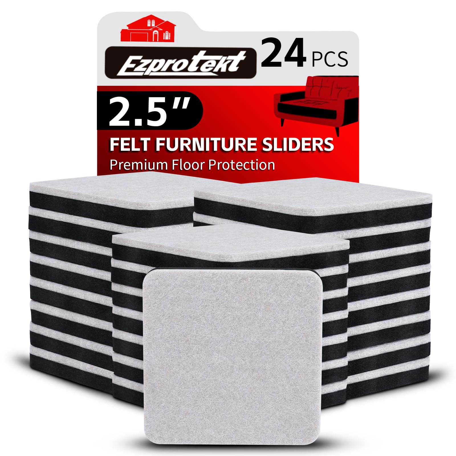 2.5" Square Felt Furniture Movers Sliders for Hardwood Floors (24 Count)
