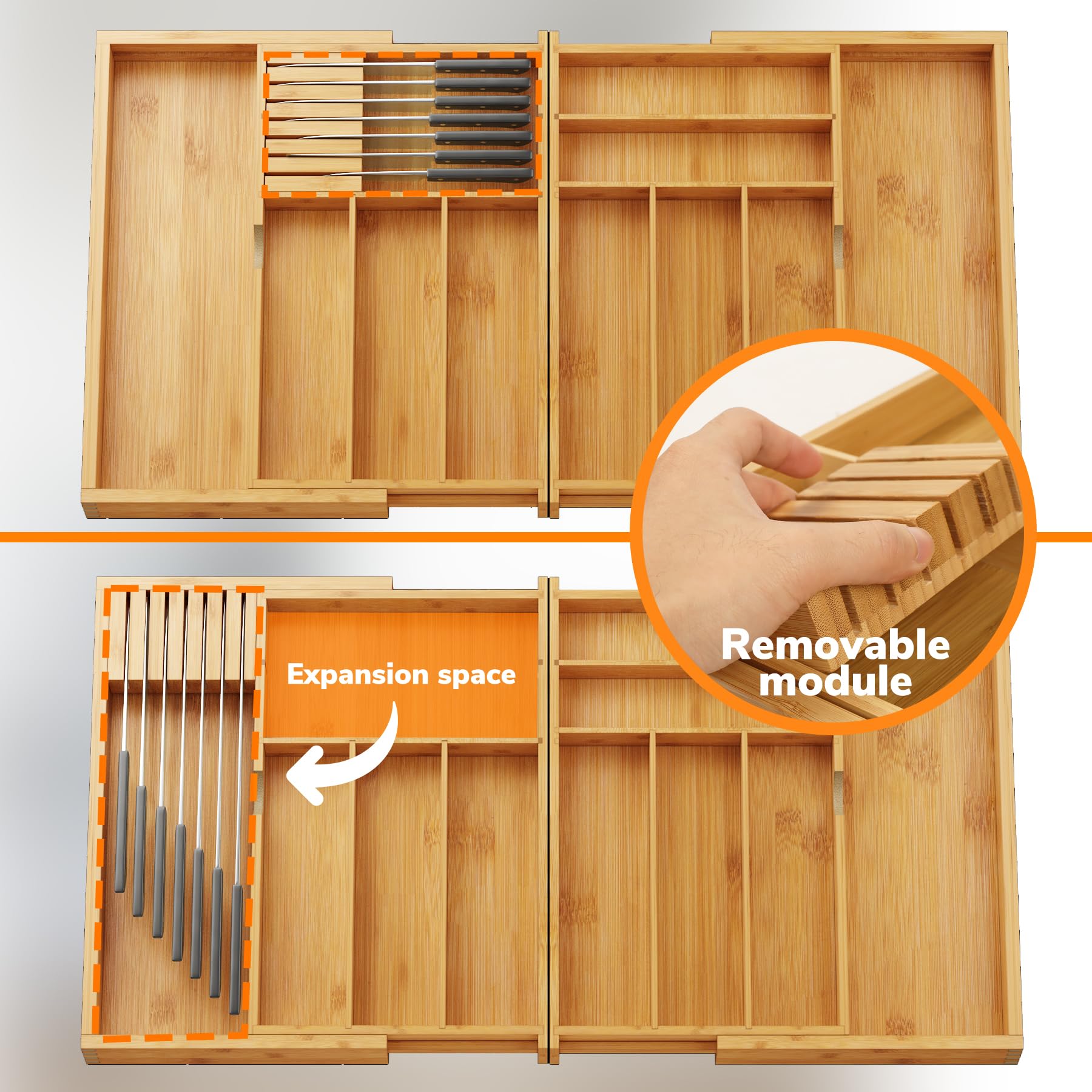 Expandable Silverware Drawer Organizer with Removable Knife Blocks