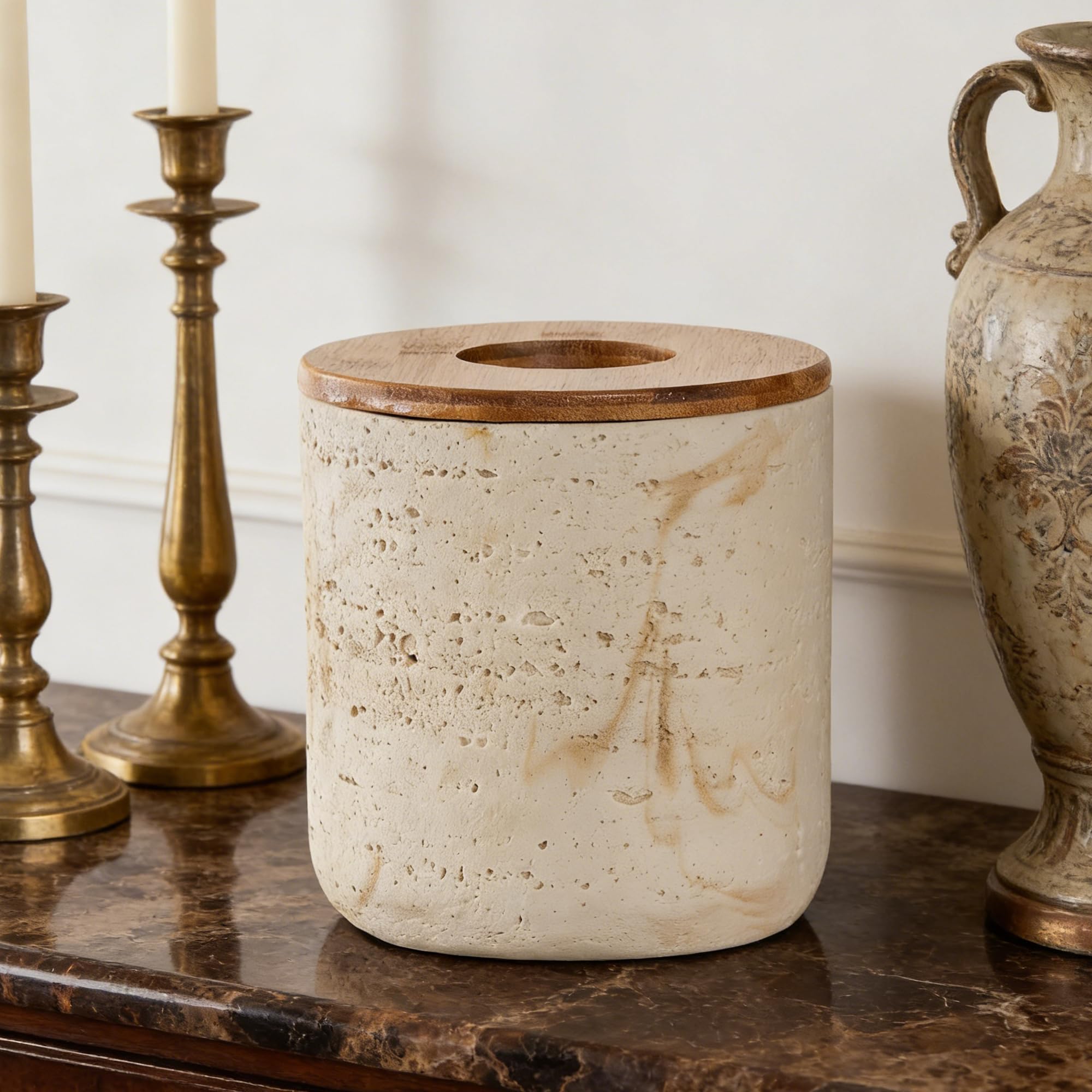 Natural Travertine Textures Beige Mini Trash Can with Bamboo Lid