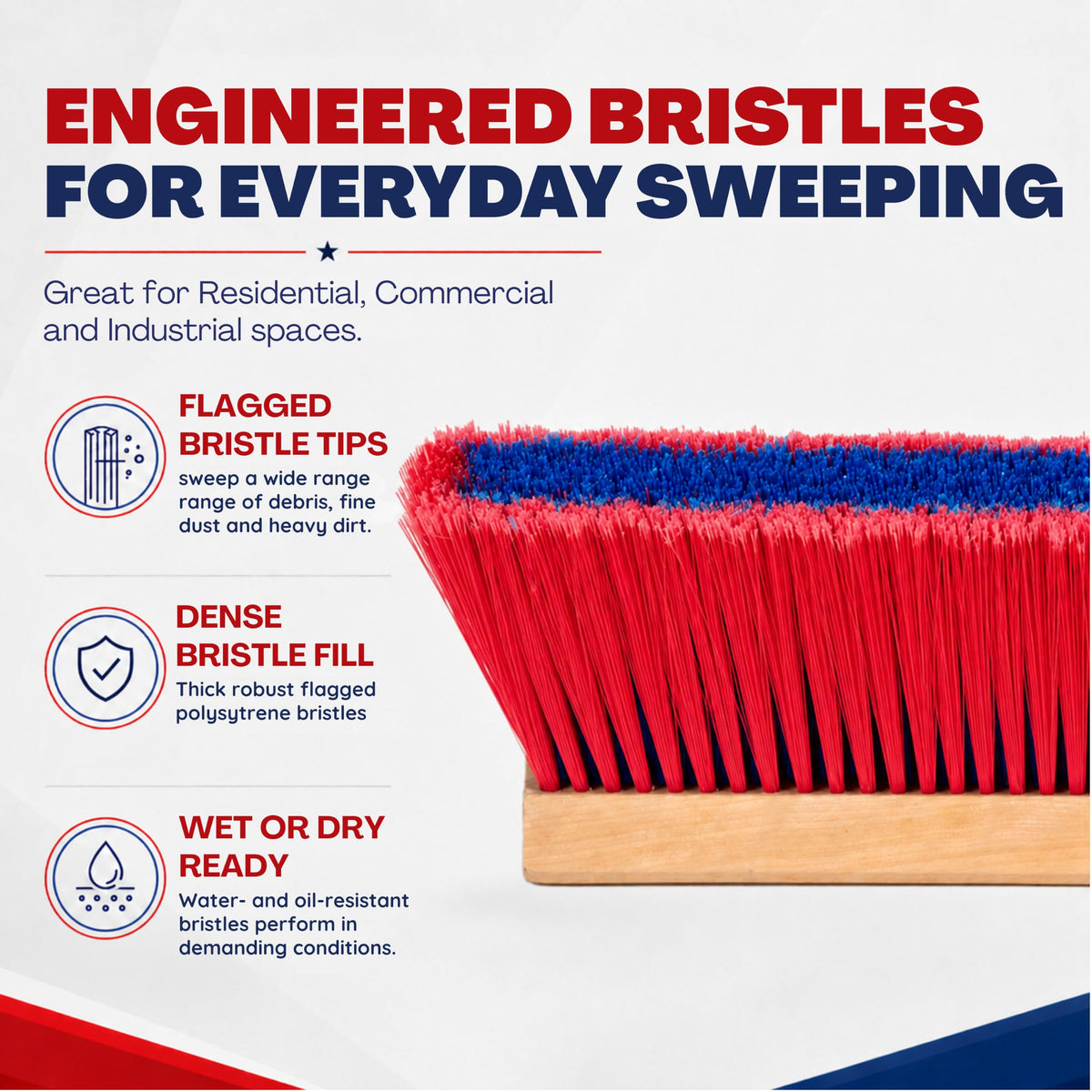 4-Pack - 24" Red Everyday Sweep Indoor/Outdoor Push Broom with 60" Handle. Ideal for Garages & Shops. Durable American Made Steel Brackets-All Stainless Steel Hardware. No Plastic. 100% USA Made