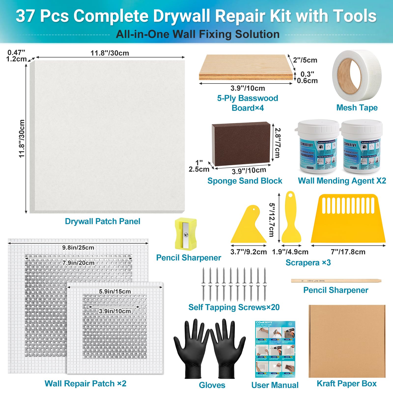 37 Pcs Drywall Repair Kit with 12"x12" Dry Wall Panel