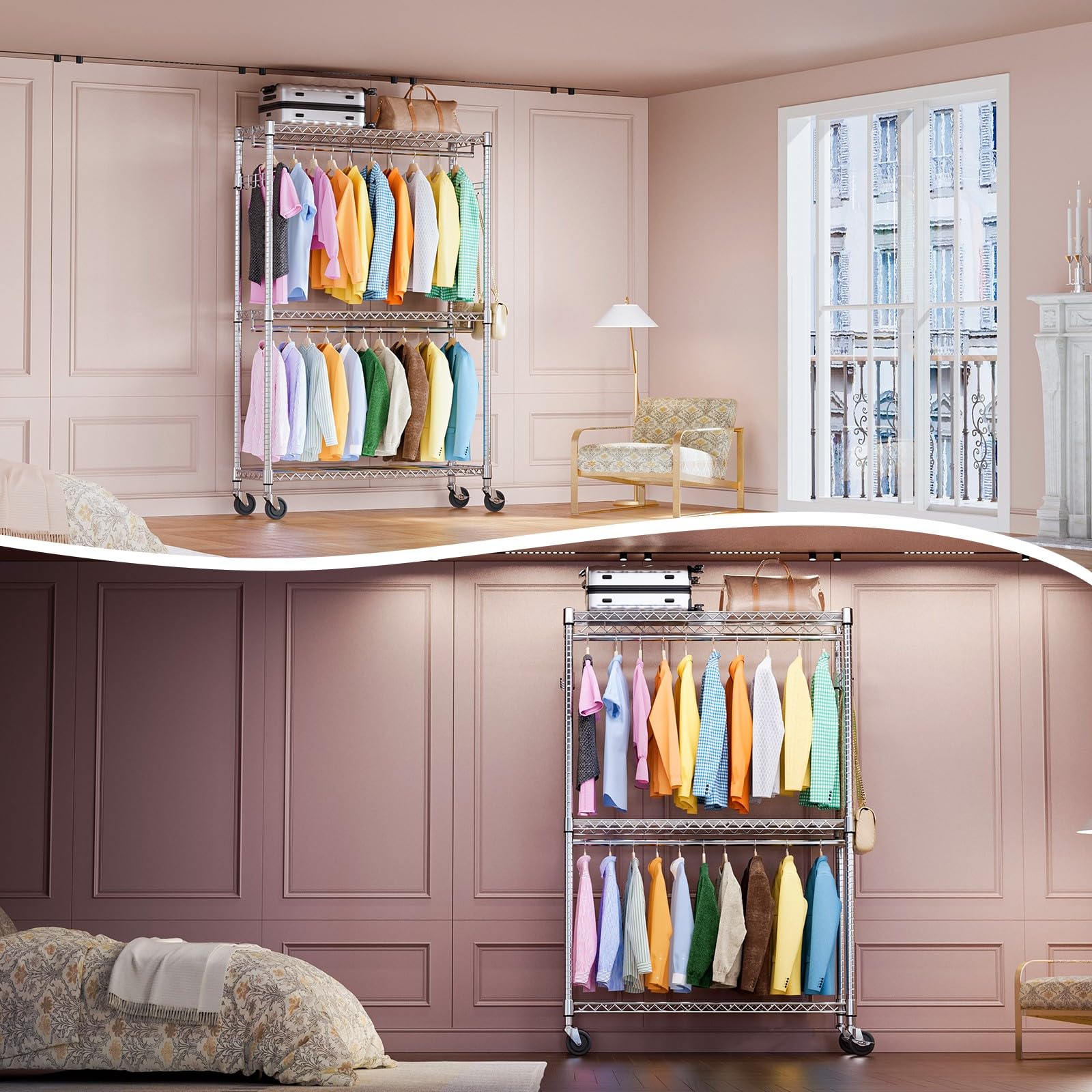 Heavy Duty Rolling Garment Rack Wire Clothes Rack for Hanging Clothes