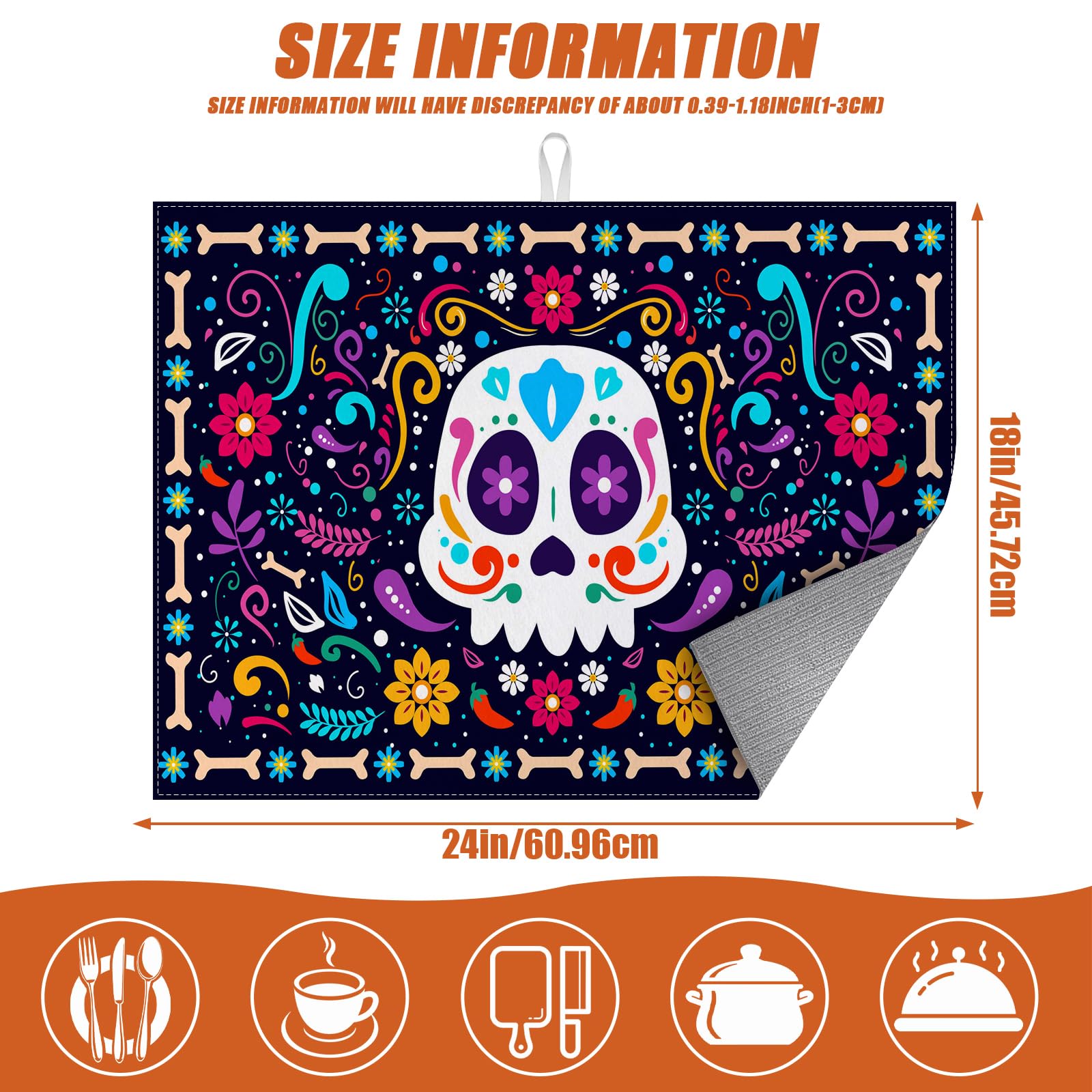 Sugar Skull Dish Drying Mat for Kitchen Counter Microfiber Absorbent Dish Day of the Dead Kitchen Drying Mat Draining Reusable Washable for Dishes